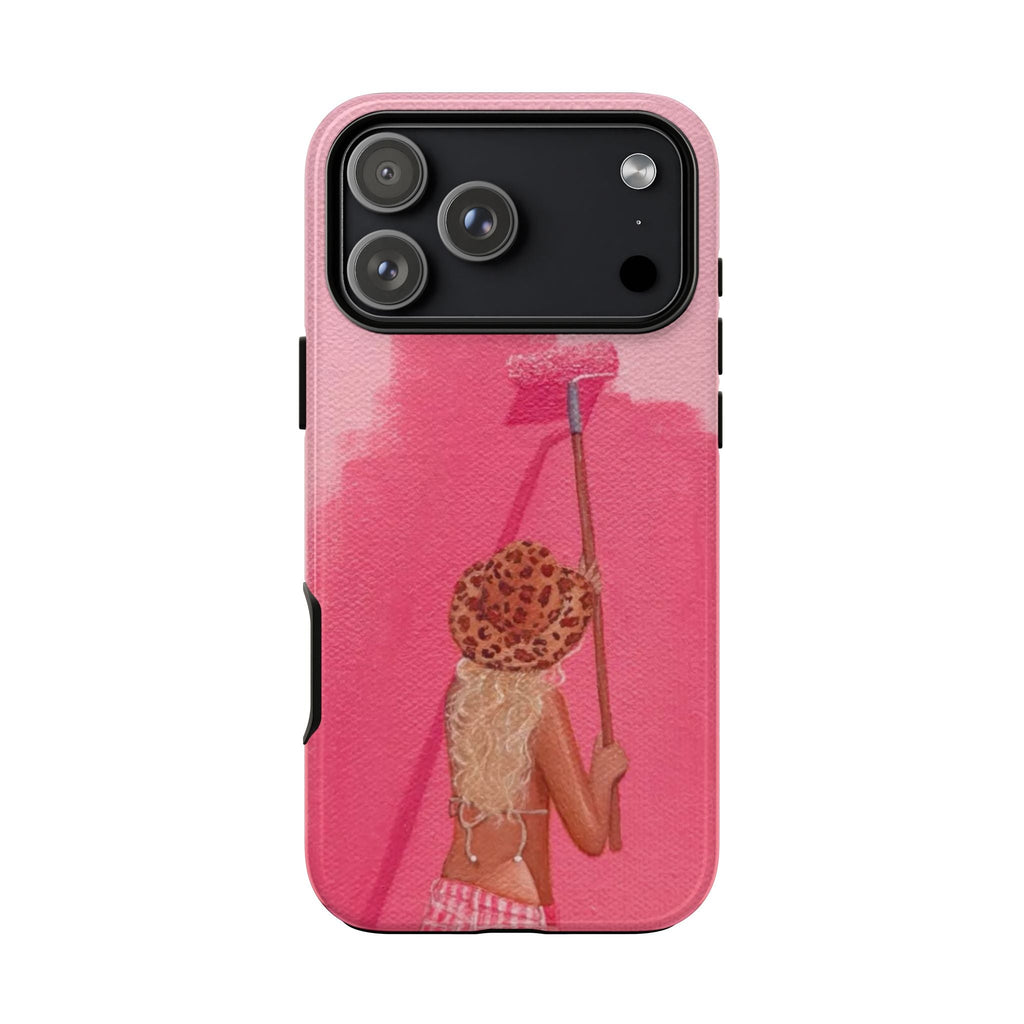Pink cowgirl painting phone case with rear camera cutout and cowboy figure