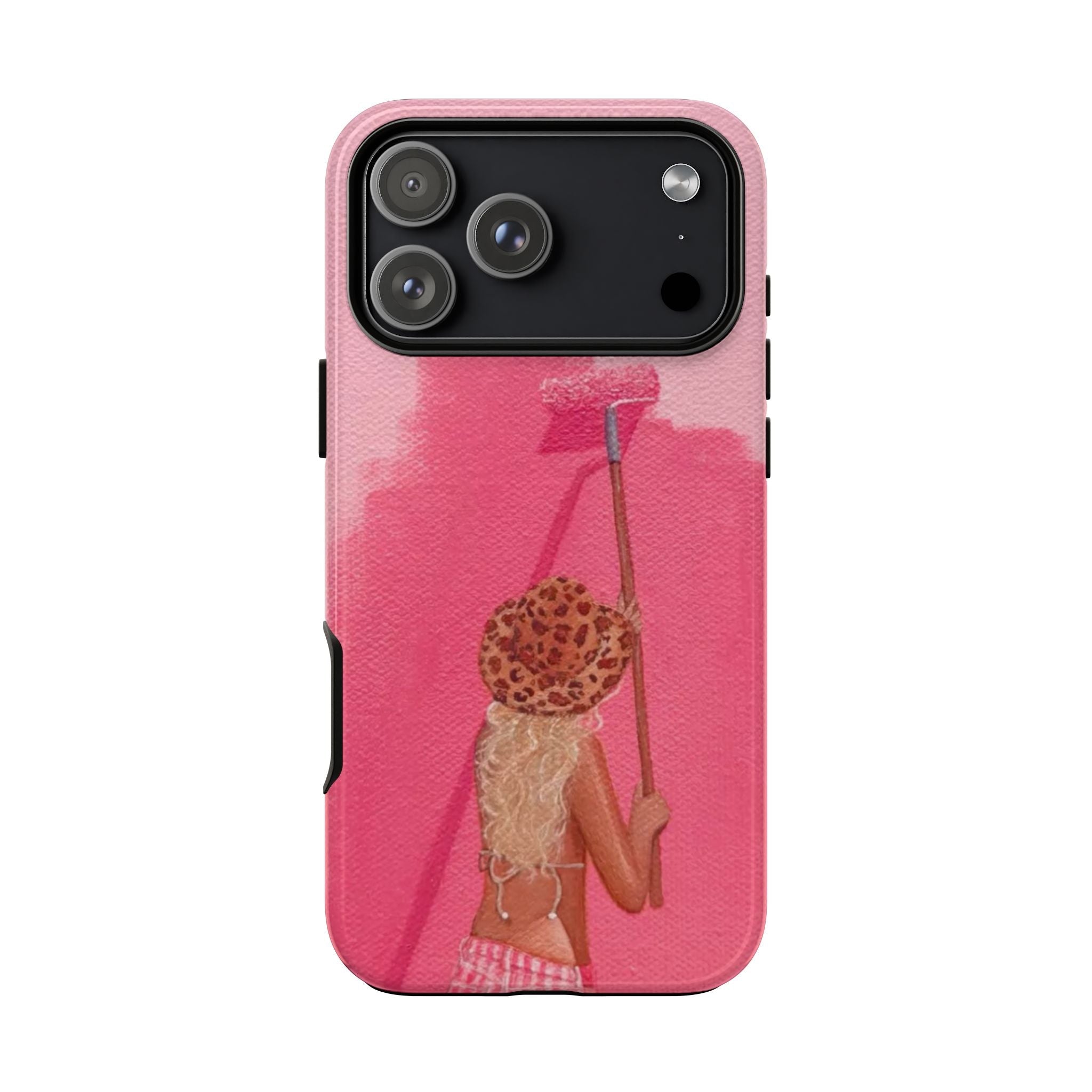 Pink cowgirl painting phone case with rear camera cutout and cowboy figure