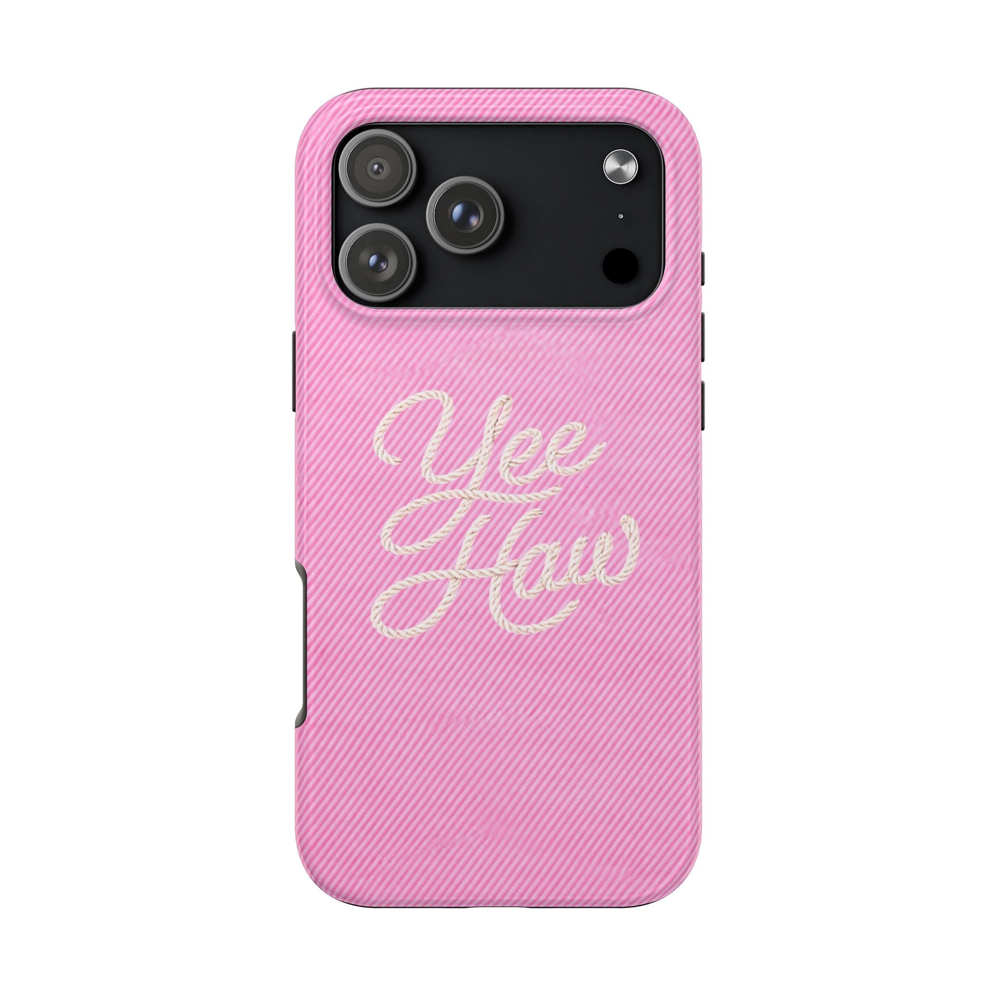 Pink denim phone case with black camera cutout and “Yee Haw” cursive design
