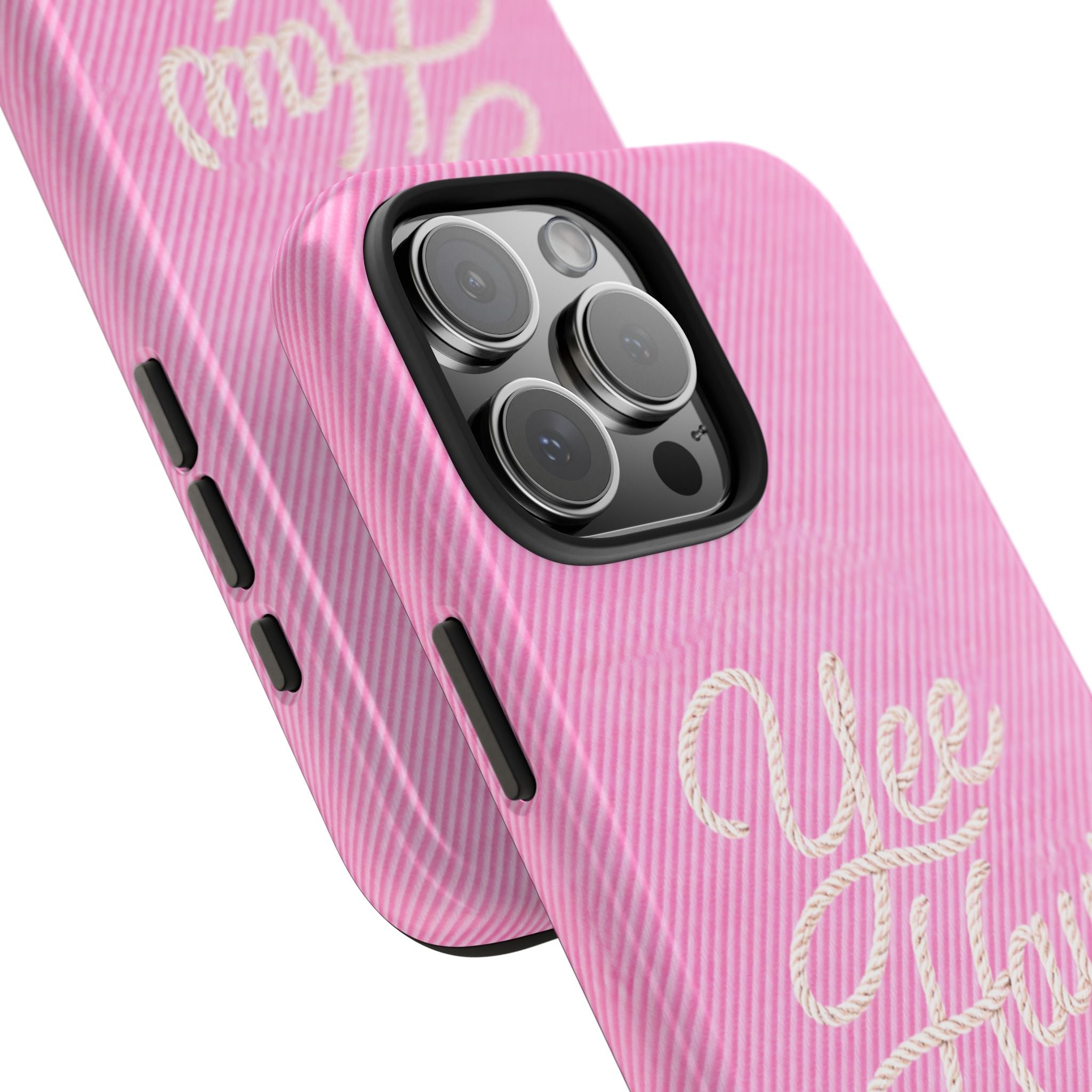 Pink denim phone case angled view with raised “Yee Haw” embroidery-style lettering