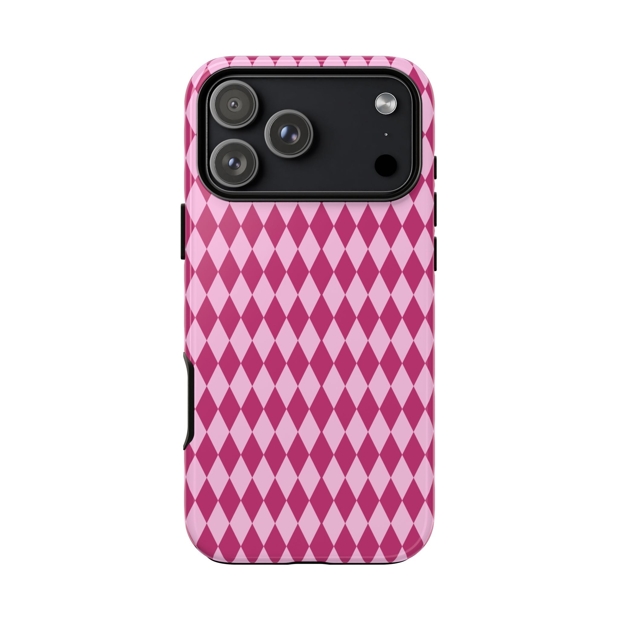 Pink diamond phone case with camera lens openings and side button cutouts