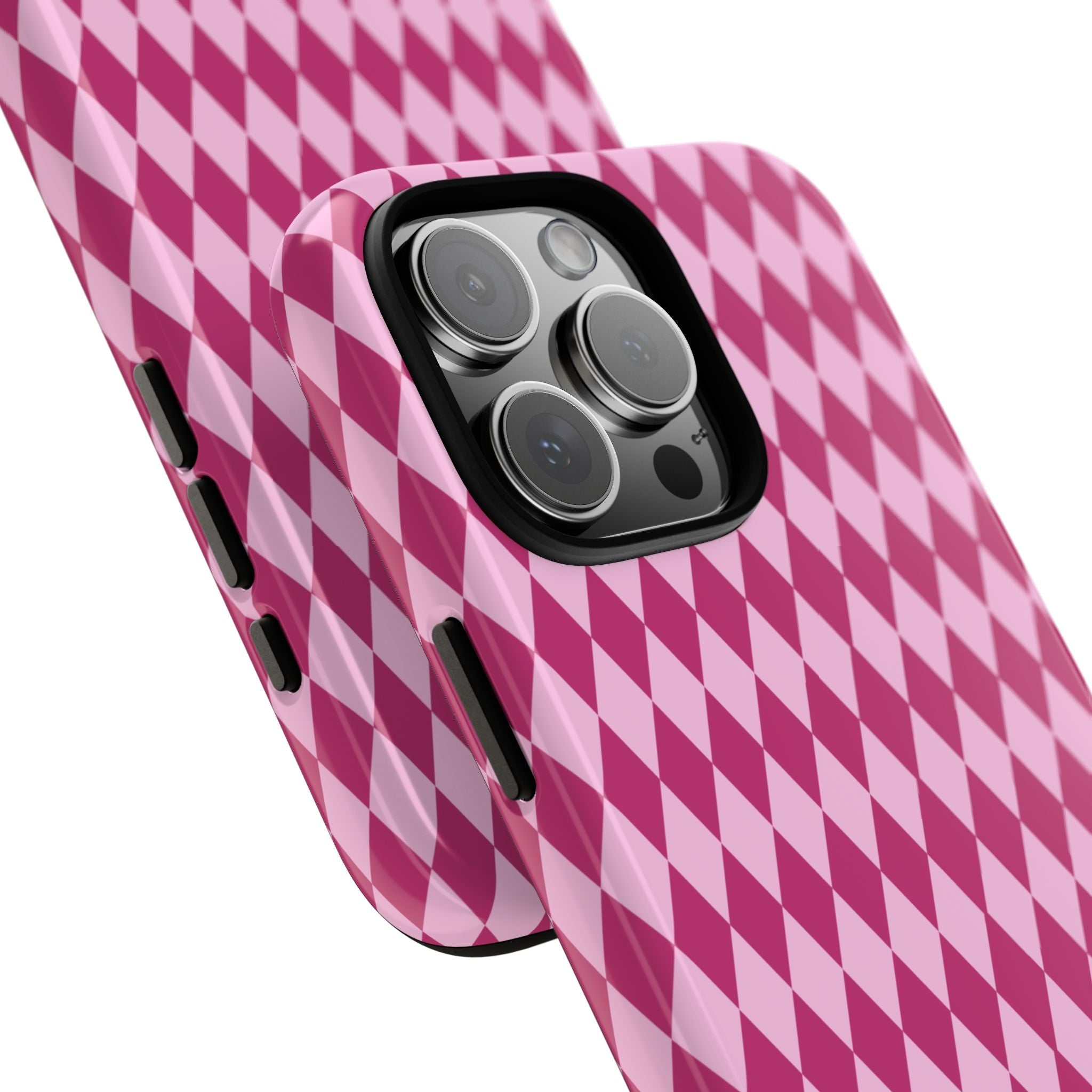 Pink diamond patterned phone case corner view with camera lens protection bezel