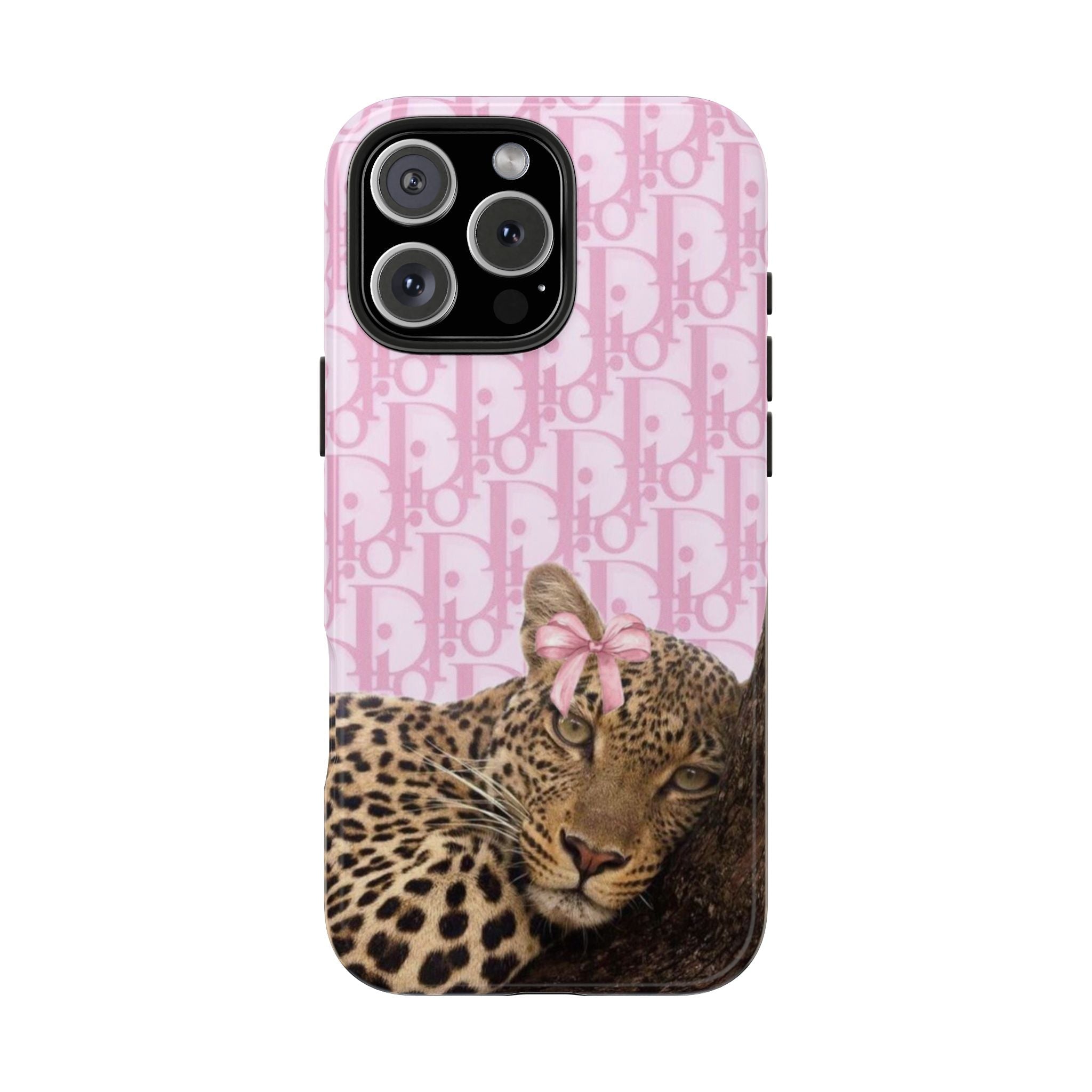 Pink phone case with leopard cheetah face, bow, and Dior-style monogram pattern