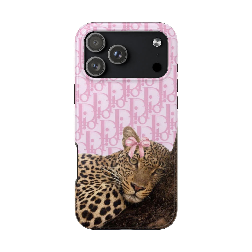 Dior pink phone case with cheetah face and pink bow, logo pattern, rear cameras