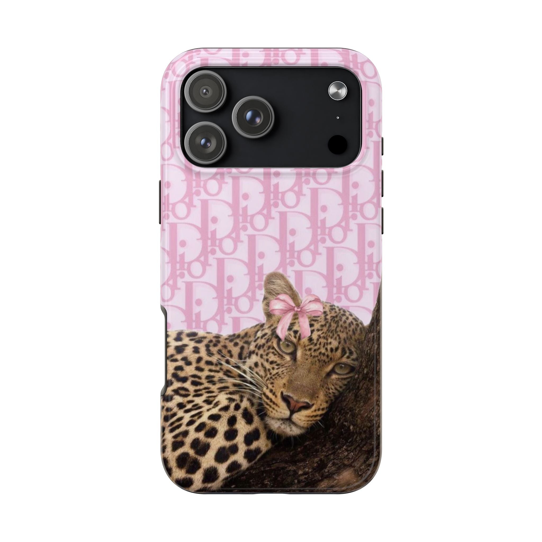 Pink Dior-style monogram phone case with cheetah portrait and bow