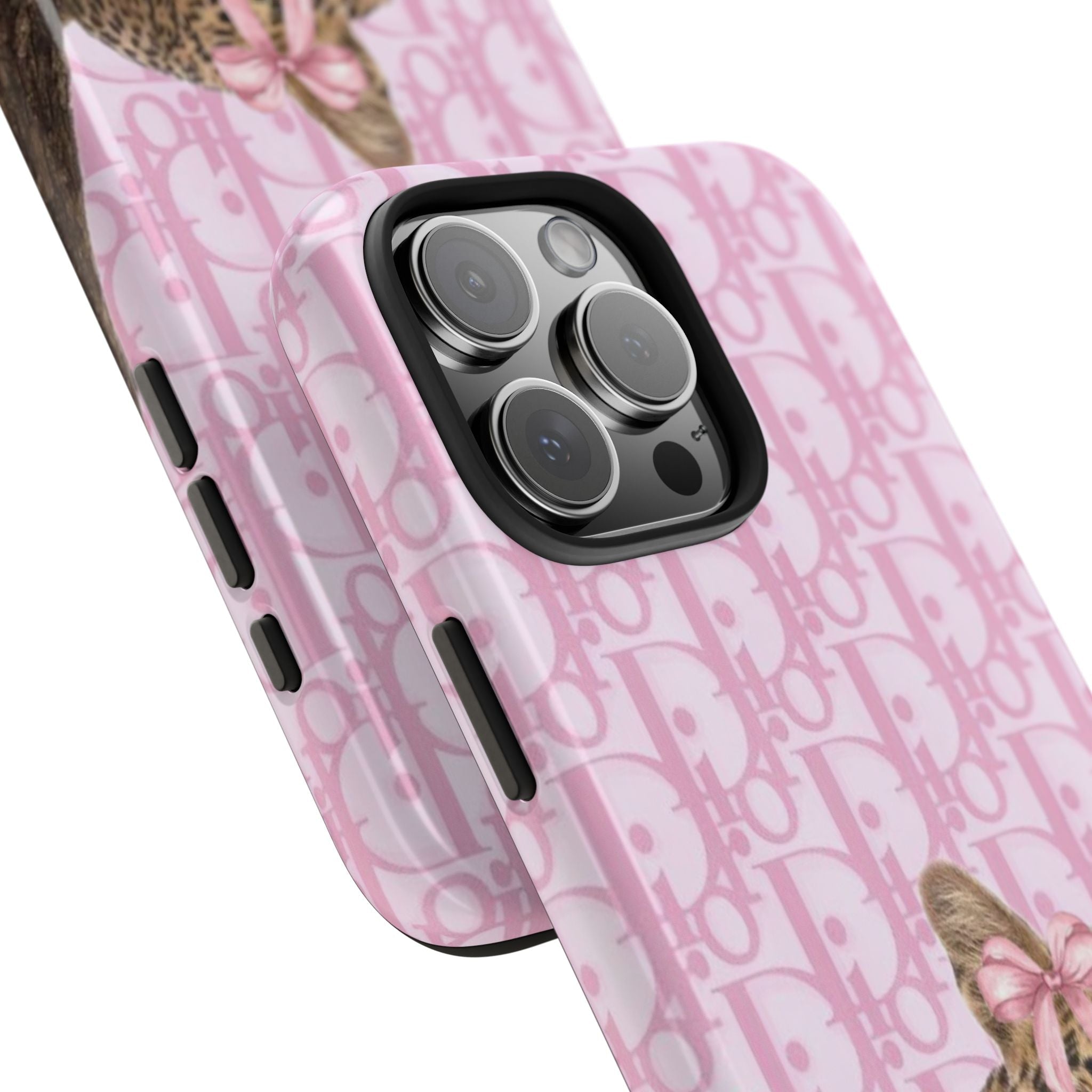 Pink cheetah bow phone case with Dior-style monogram, camera and side button cutouts