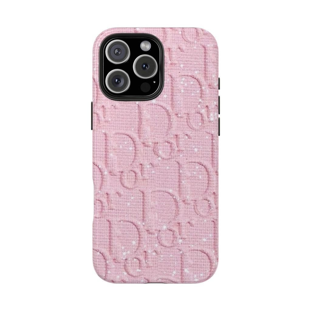 Pink Dior phone case, slim fit with raised logo pattern and cutouts for cameras