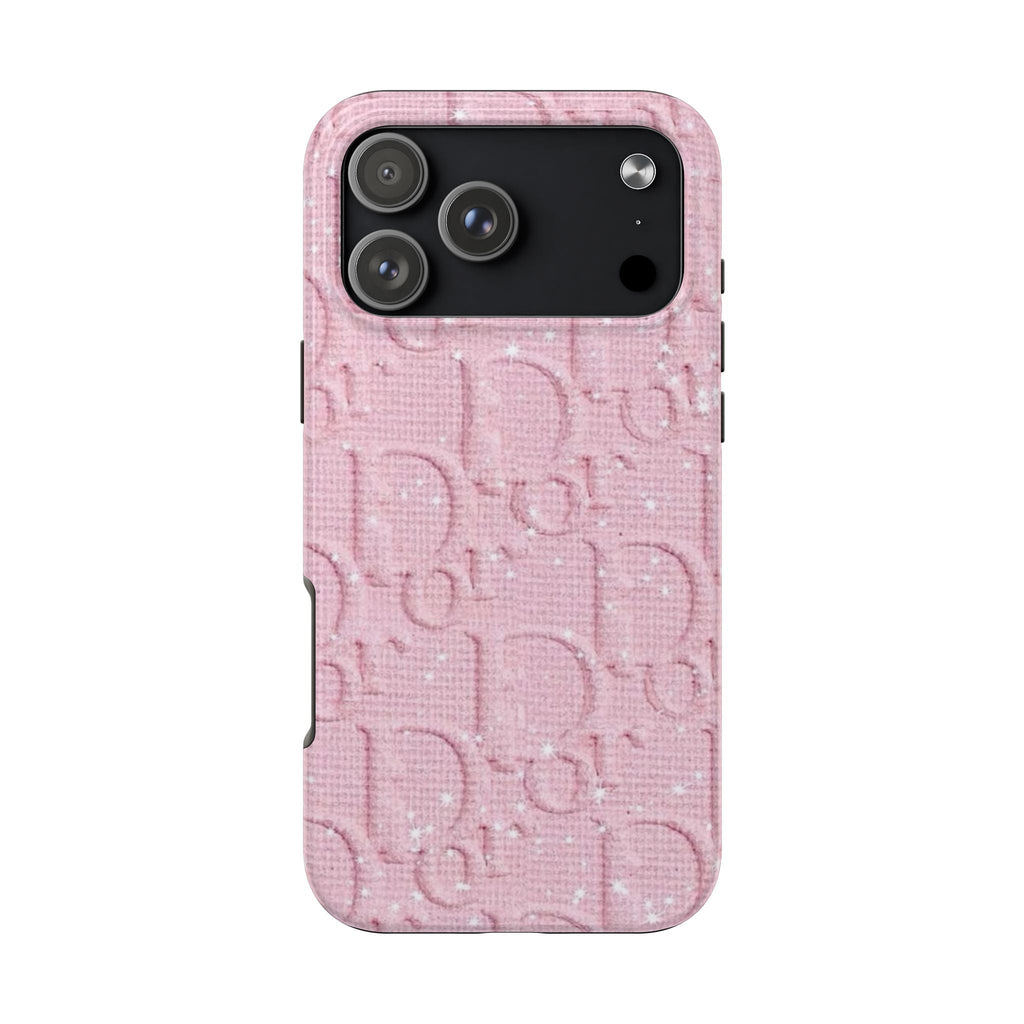Pink Dior phone case with textured logo pattern and camera cutouts on back