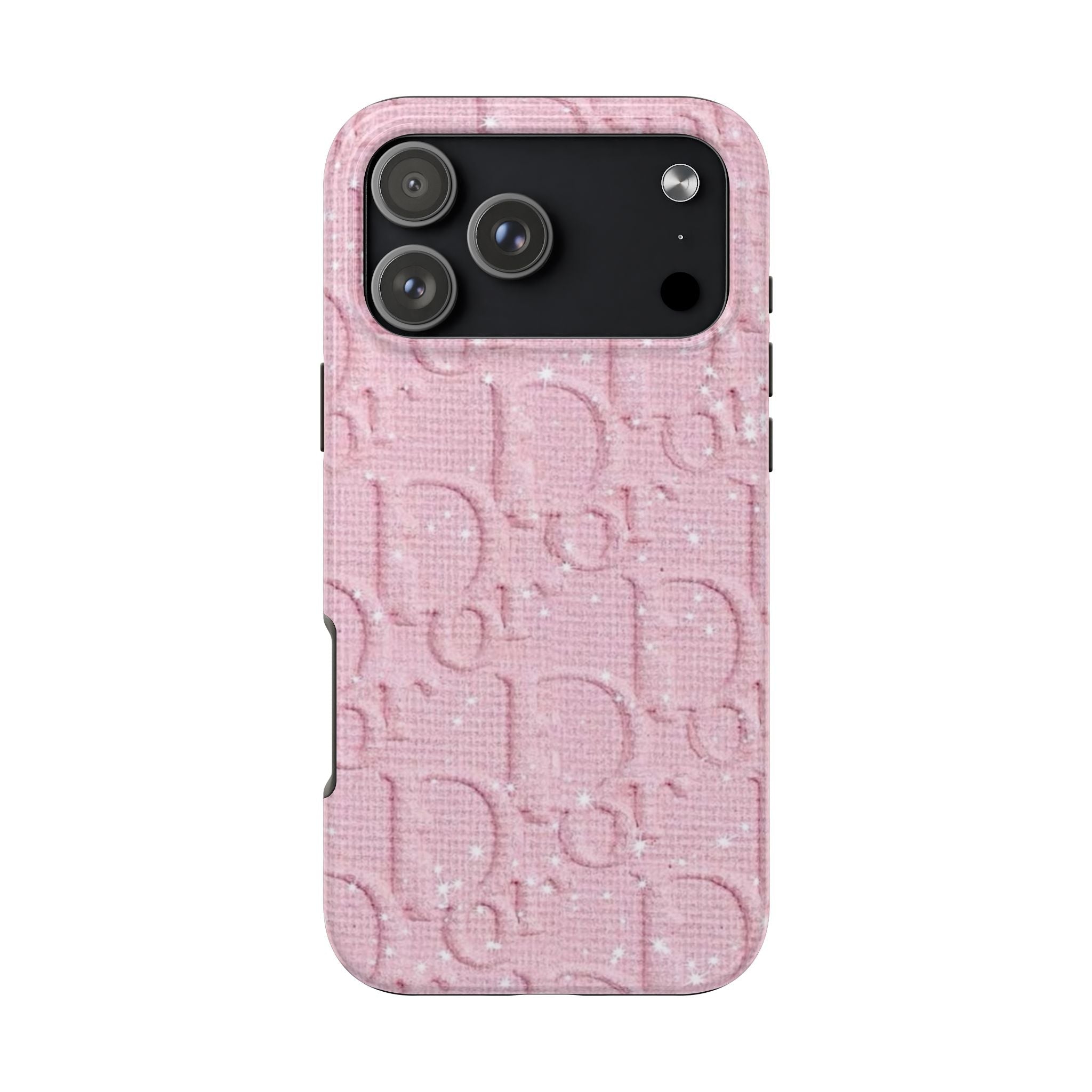 Pink Dior phone case with textured logo pattern and camera cutouts on back