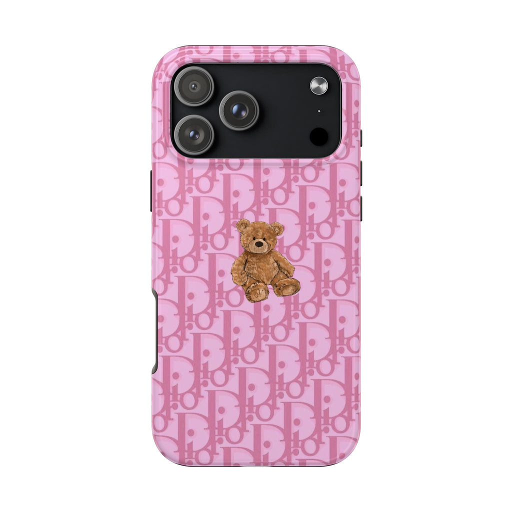 Pink teddy bear phone case with Dior-style monogram and raised teddy charm