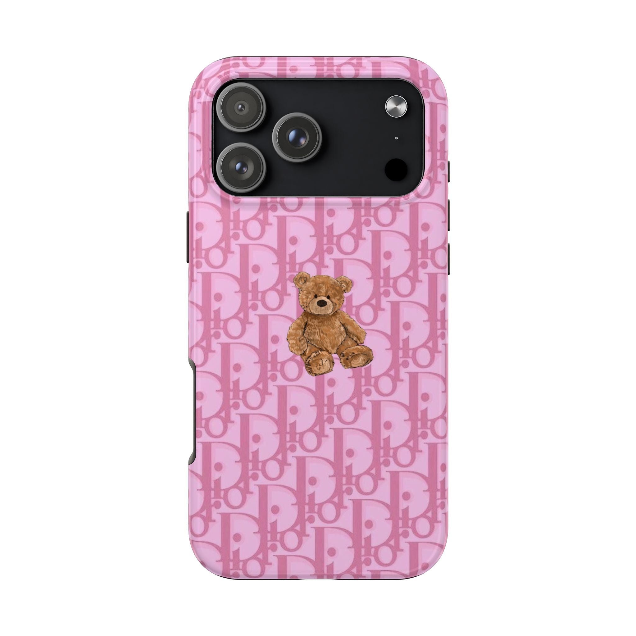 Pink teddy bear phone case with Dior-style monogram and raised teddy charm