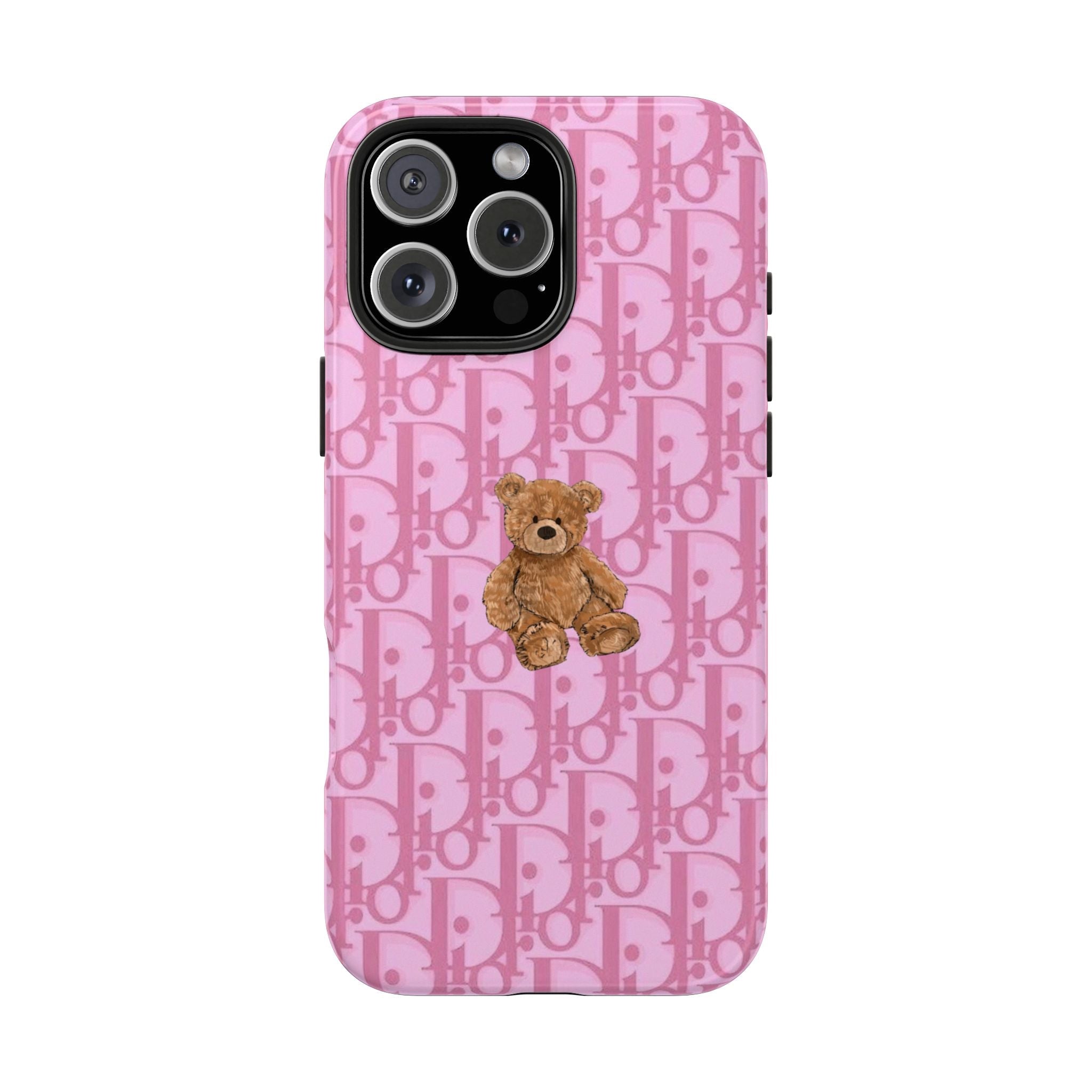 Pink Dior-style monogram phone case with teddy bear appliqué on the back