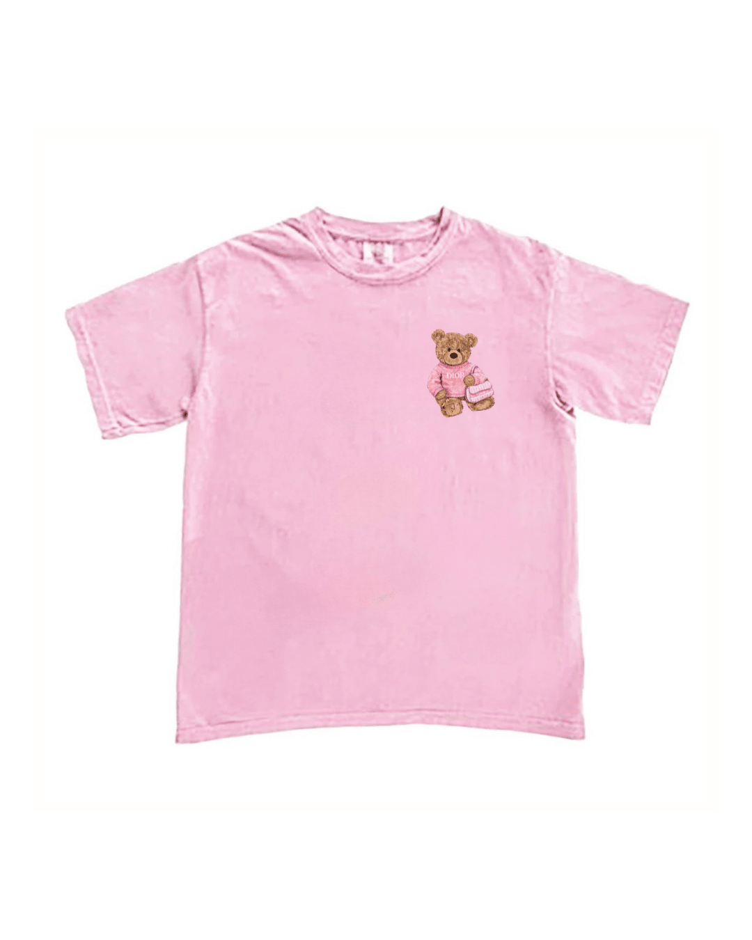 Pink teddy bear graphic T-shirt with pink crew neck