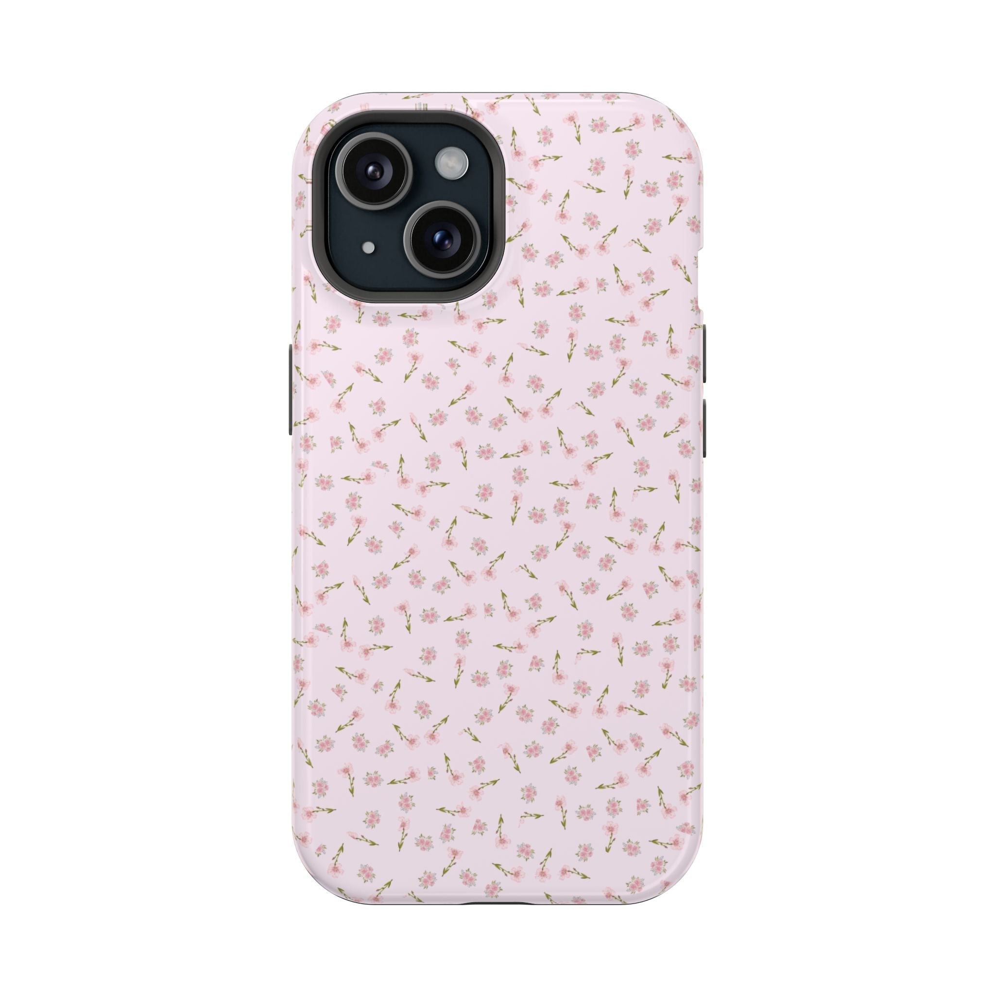 Pink ditsy floral phone case with camera cutouts on the back