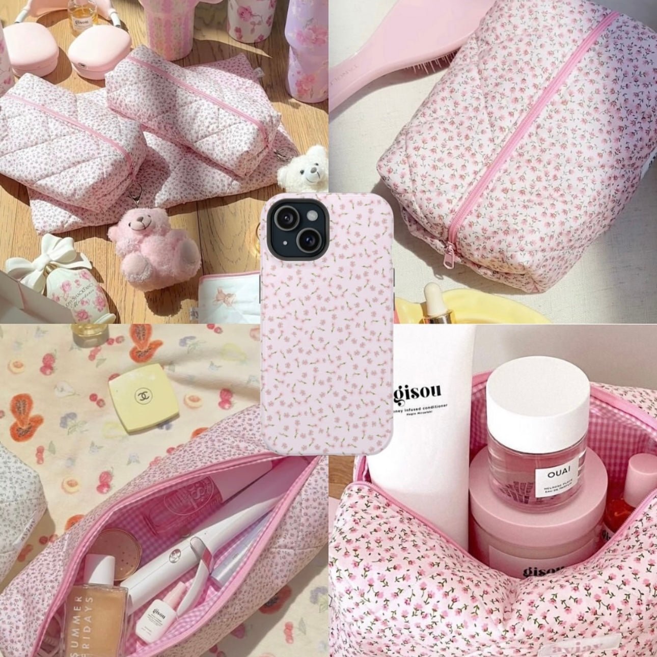 Pink ditsy floral phone case showing camera lens openings