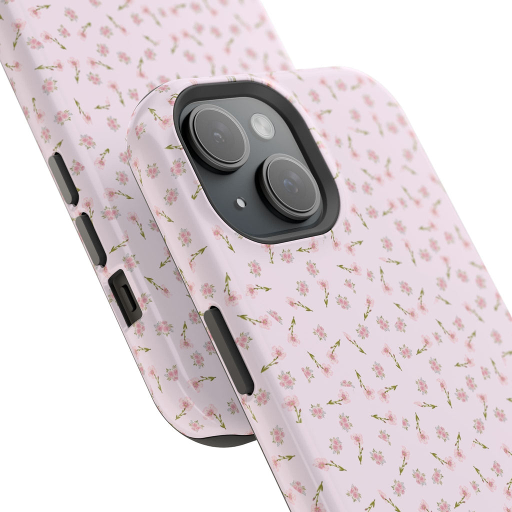 Pink ditsy floral phone case with side cutouts and dual camera opening