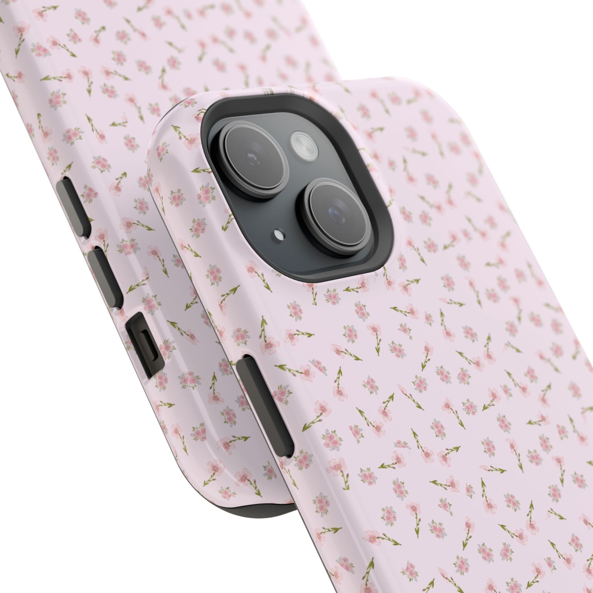 Pink ditsy floral phone case with side cutouts and dual camera opening