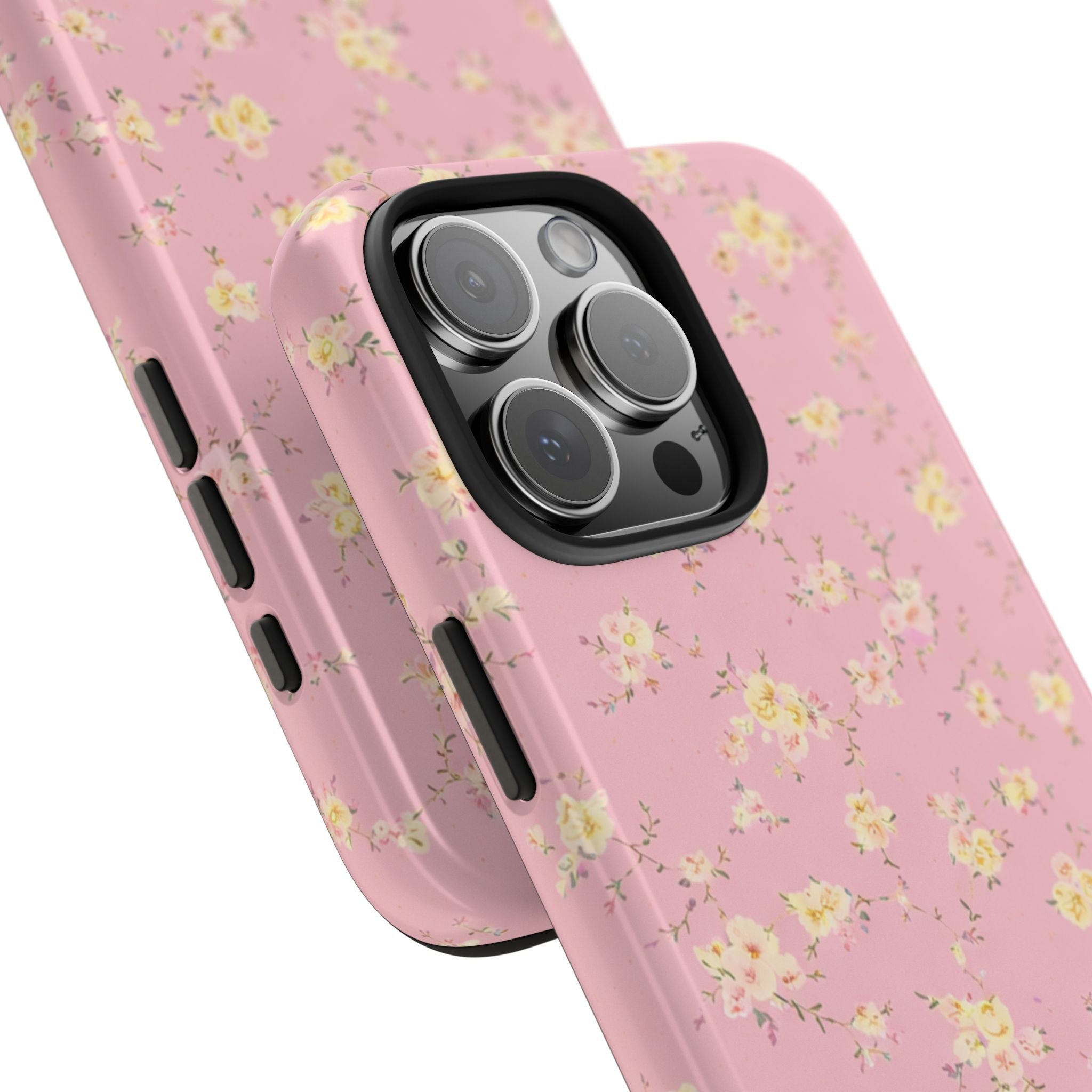 Pink ditsy yellow floral case detail with camera lens openings and side button cutouts