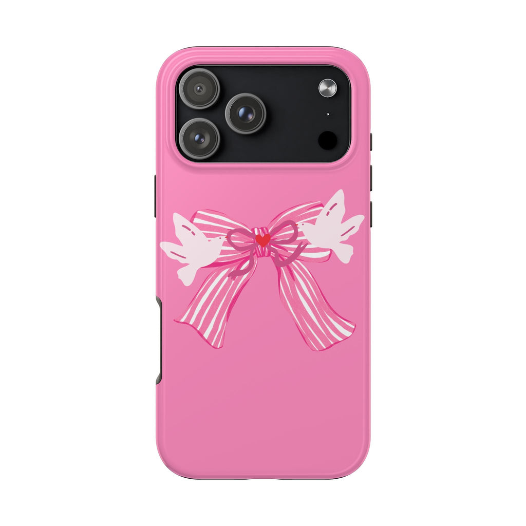 Pink phone case with white bow and ribbon “love” graphic, camera cutouts visible