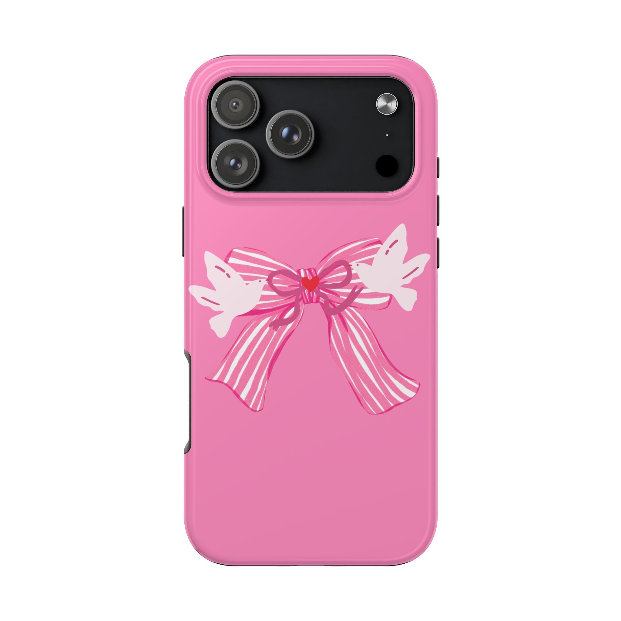 Pink phone case with white bow and ribbon “love” graphic, camera cutouts visible