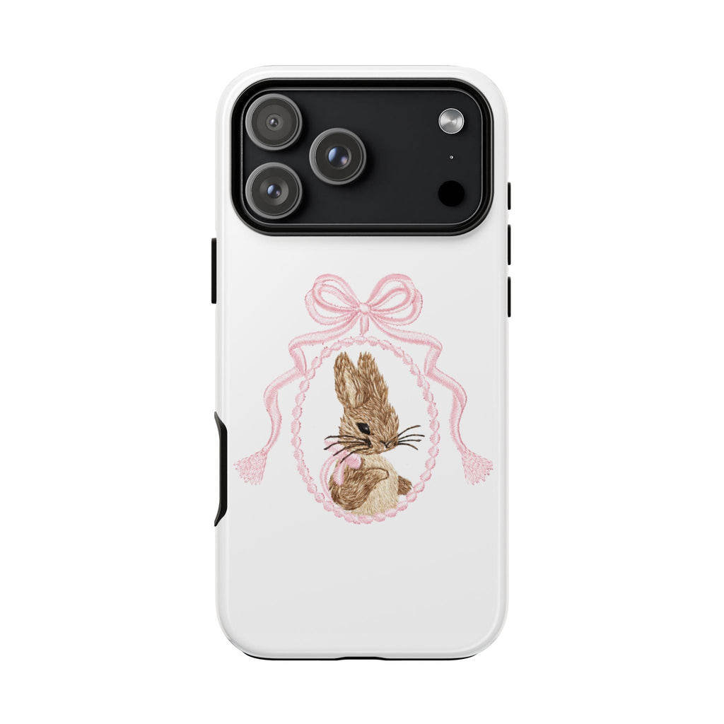 White coquette phone case with pink ribbon bow and brown bunny illustration