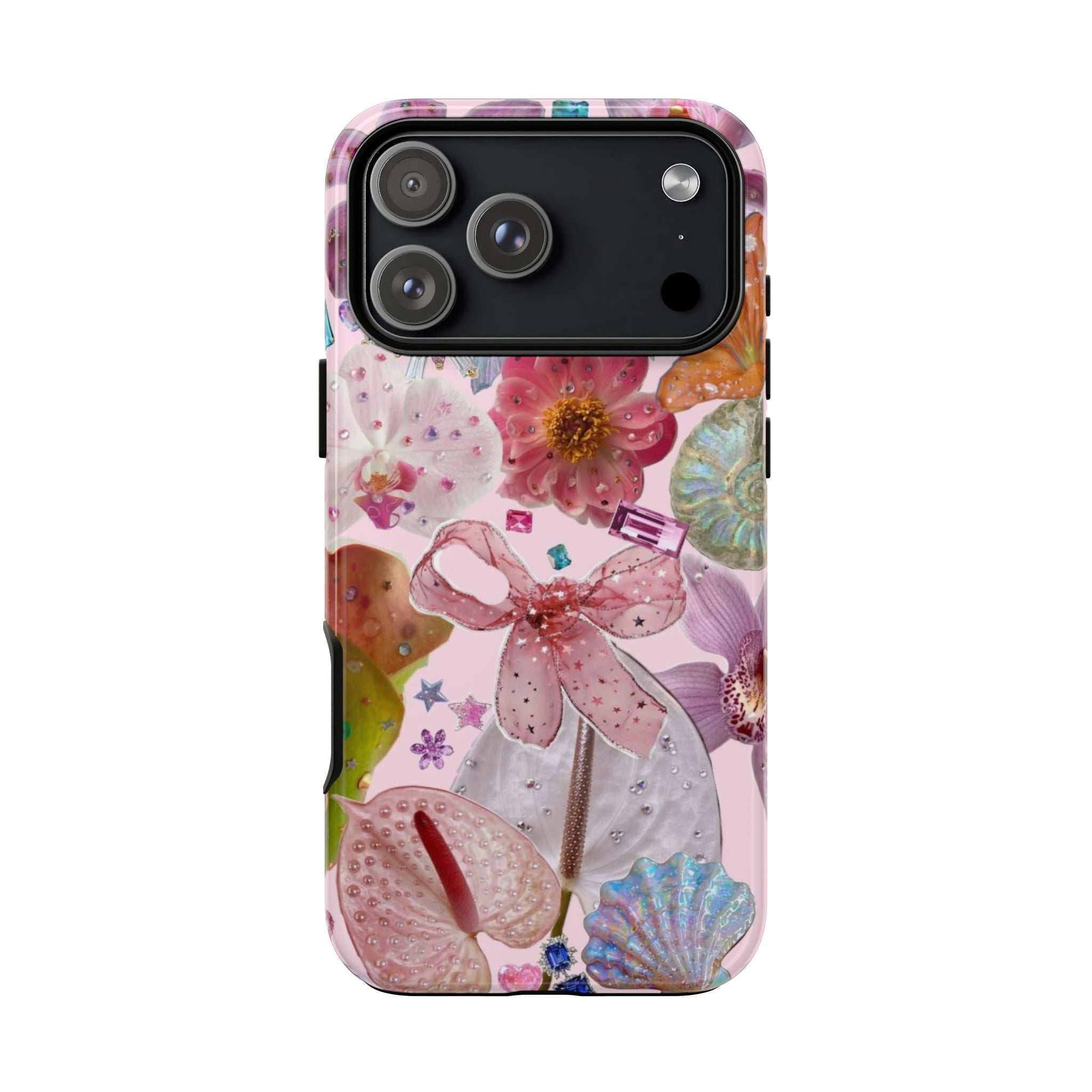 Pink floral phone case with bow and iridescent shells; smooth back with camera cutout