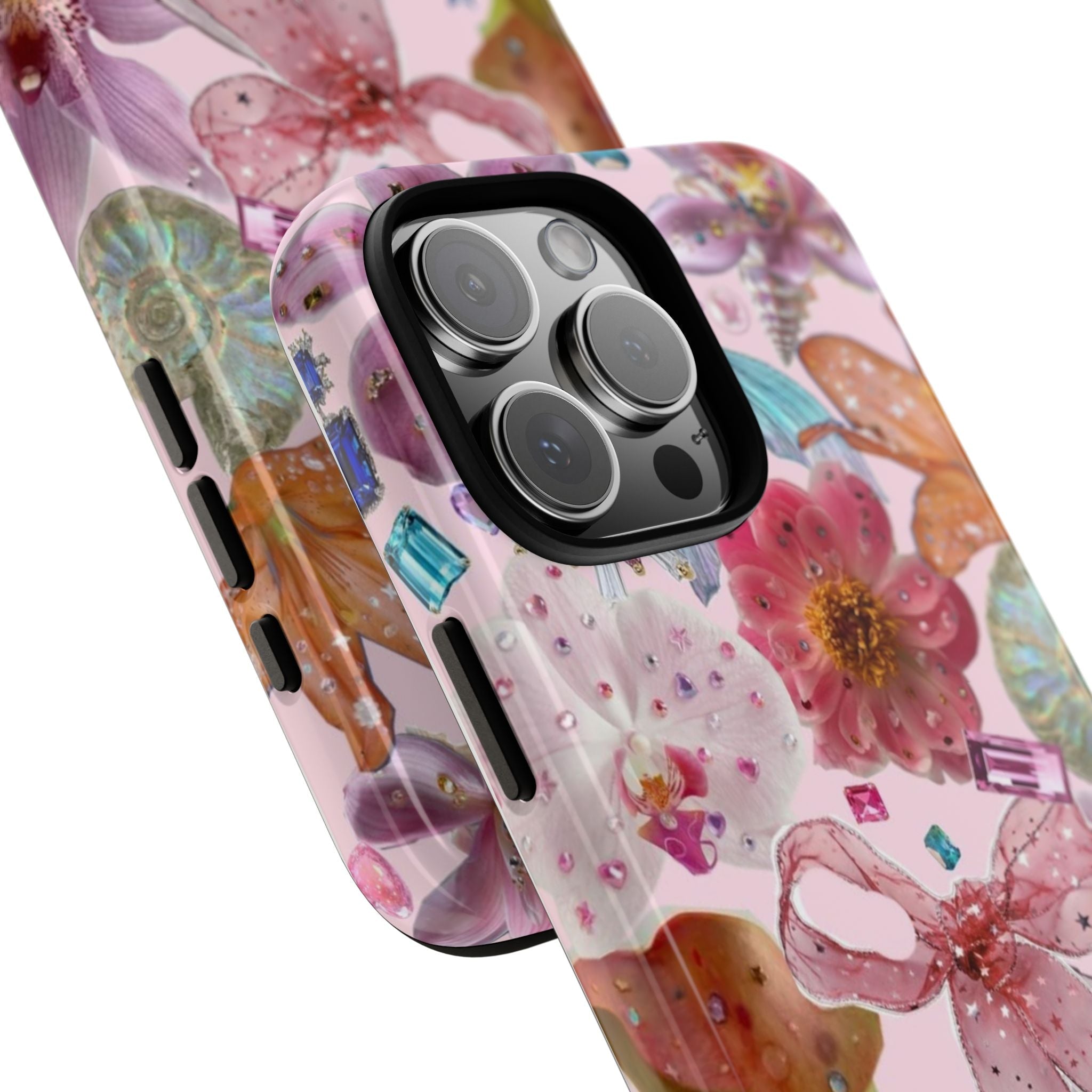 Pink floral phone case angled view with bow and seashells; raised lens rings and cutouts