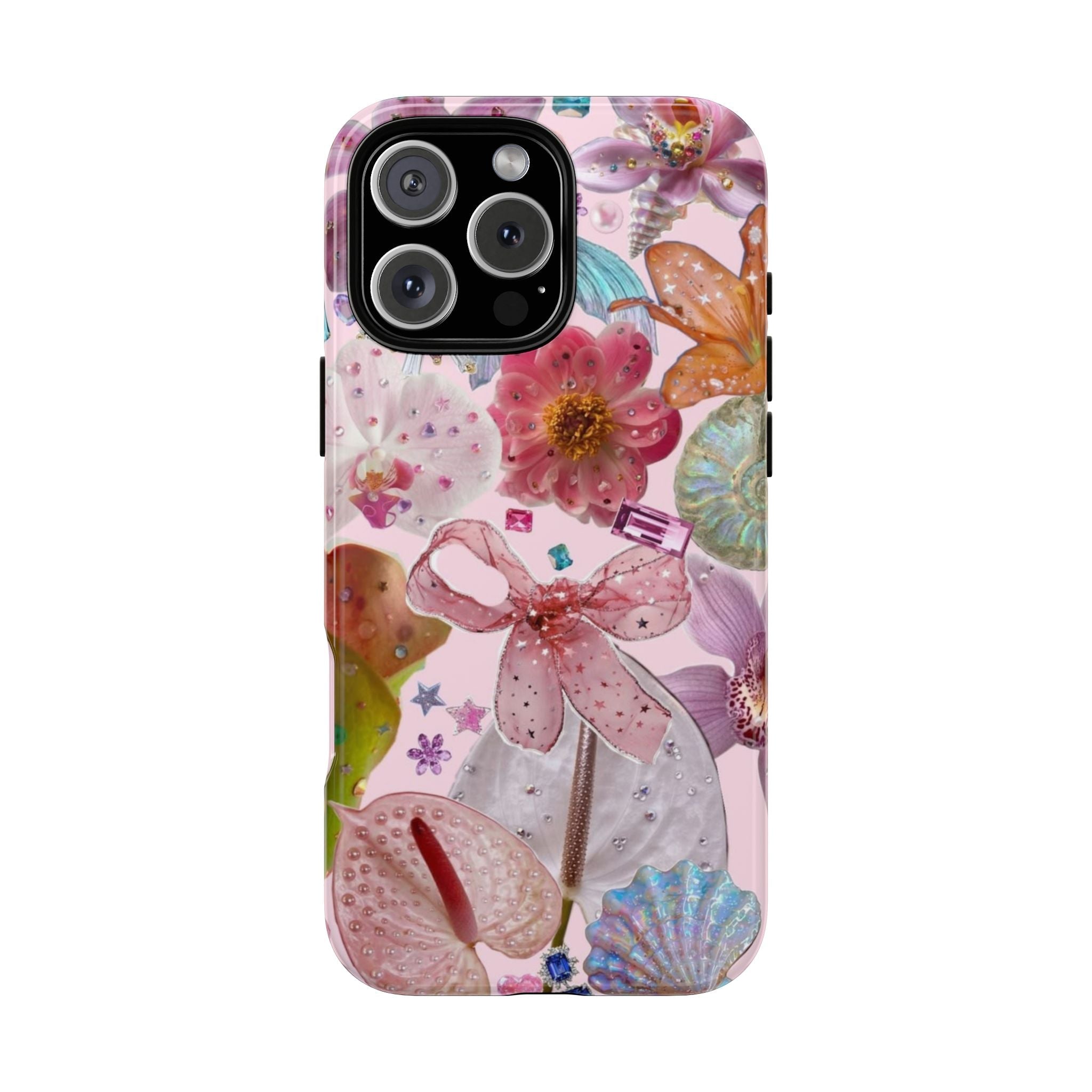 Pink floral phone case with bow, seashell, and sparkling embellishments; raised camera cutouts
