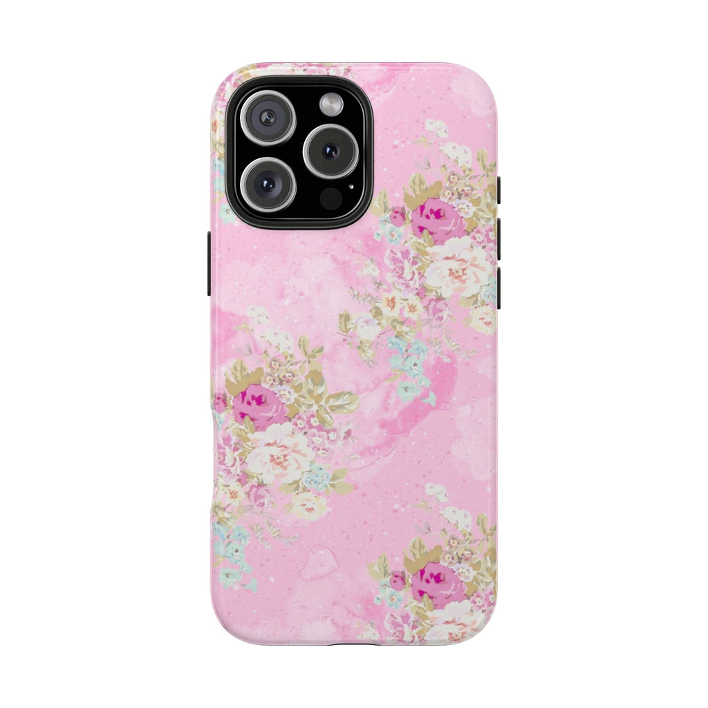 Pink English garden floral phone case with pastel flowers, glossy clear edges around cameras