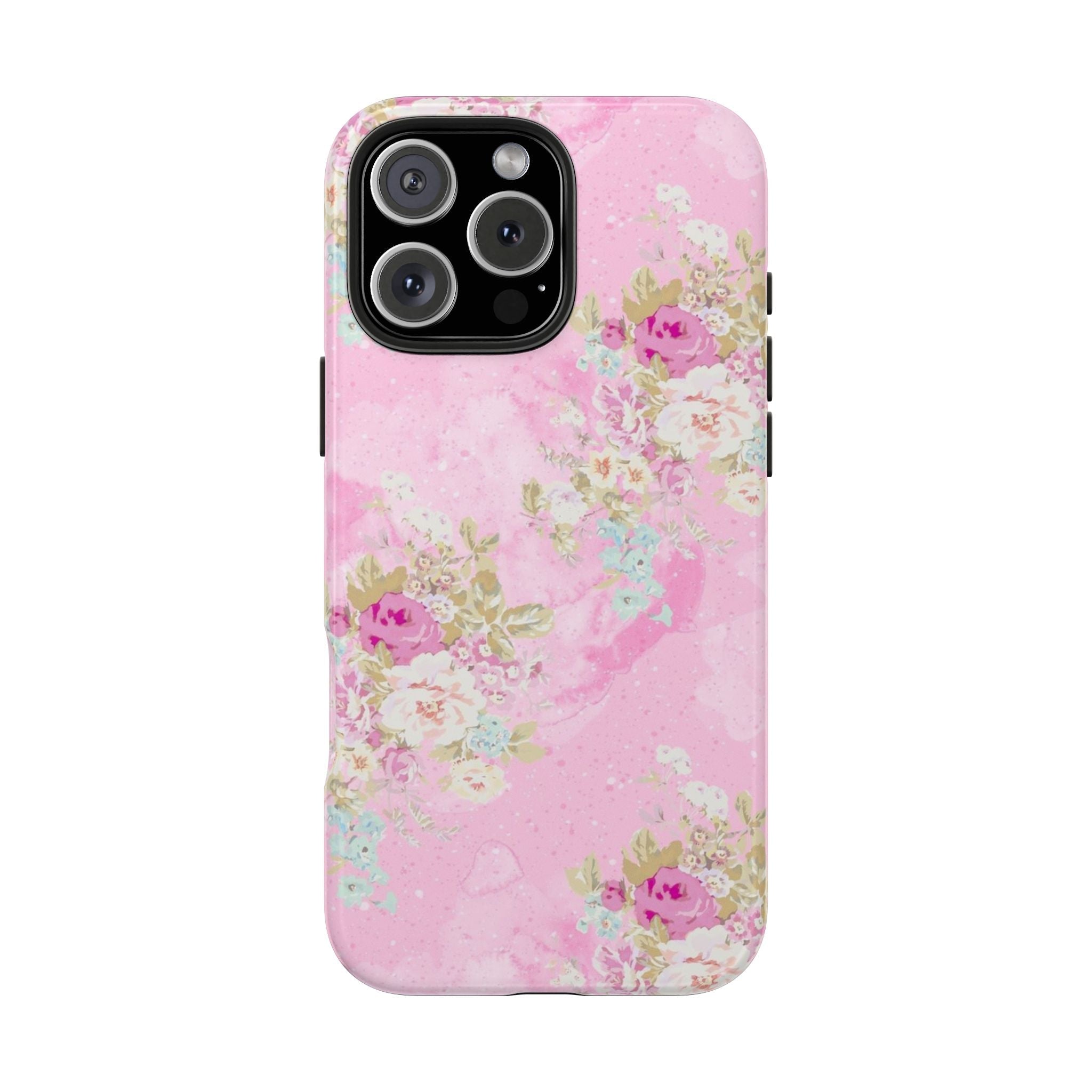Pink English garden floral phone case with pastel flowers, glossy clear edges around cameras