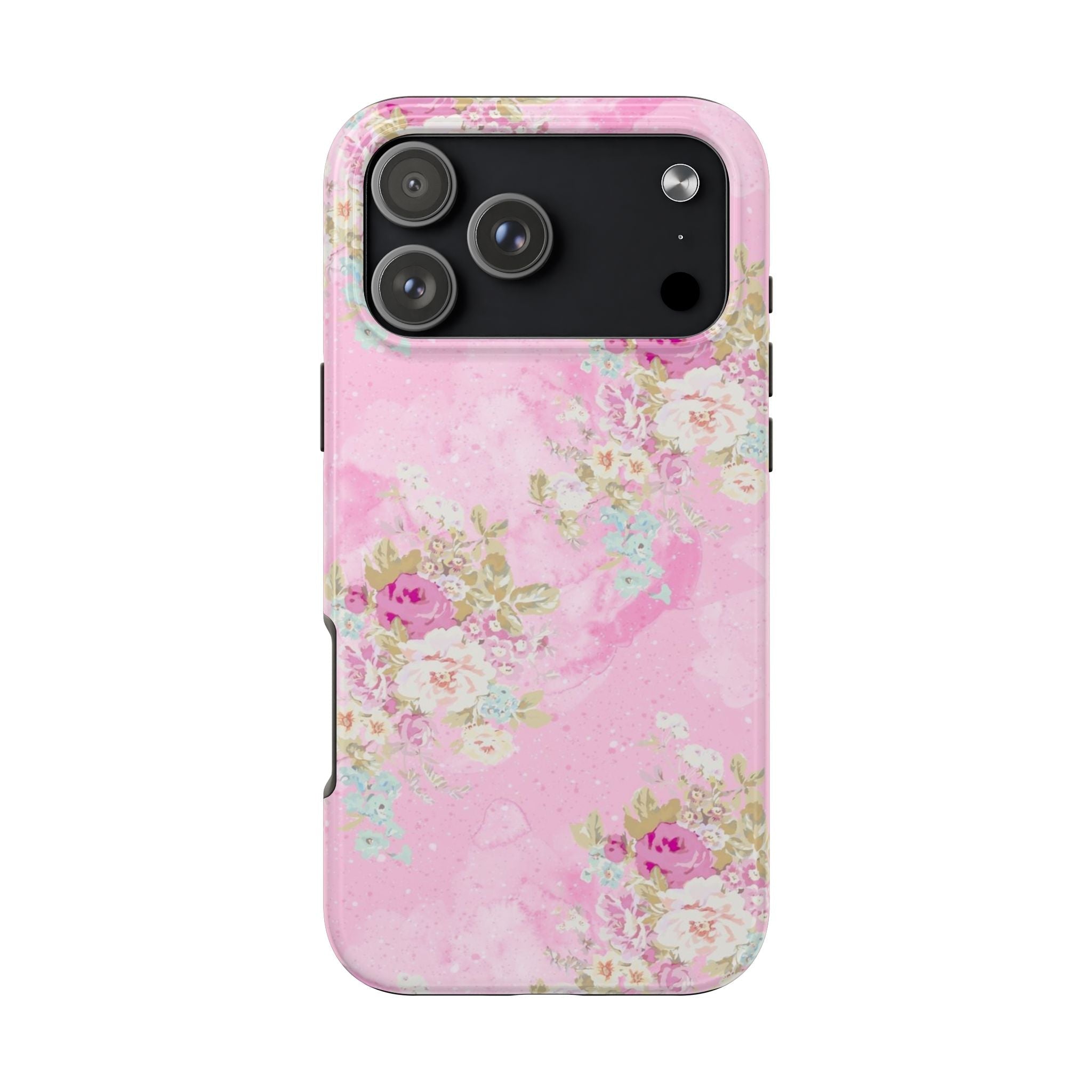Pink floral phone case with pastel blossoms and speckled texture, raised camera cutout
