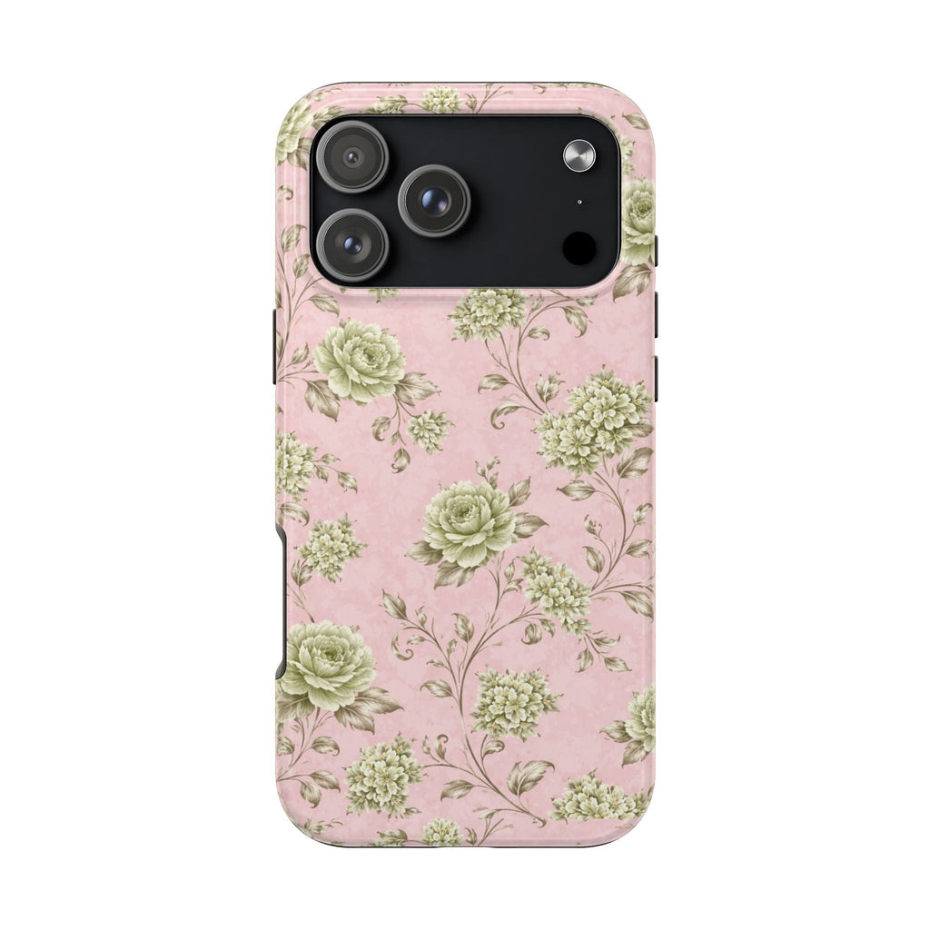 Pink floral phone case with light green blossoms and slim cutouts for cameras
