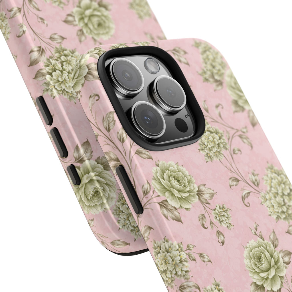 Pink floral phone case angled view showing side buttons and camera module cutout