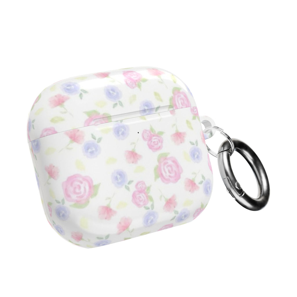 Pink floral AirPods case with silver keyring, closed shell design