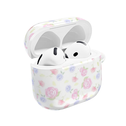 Pink floral AirPods case open, showing white earbuds and charging port cutouts