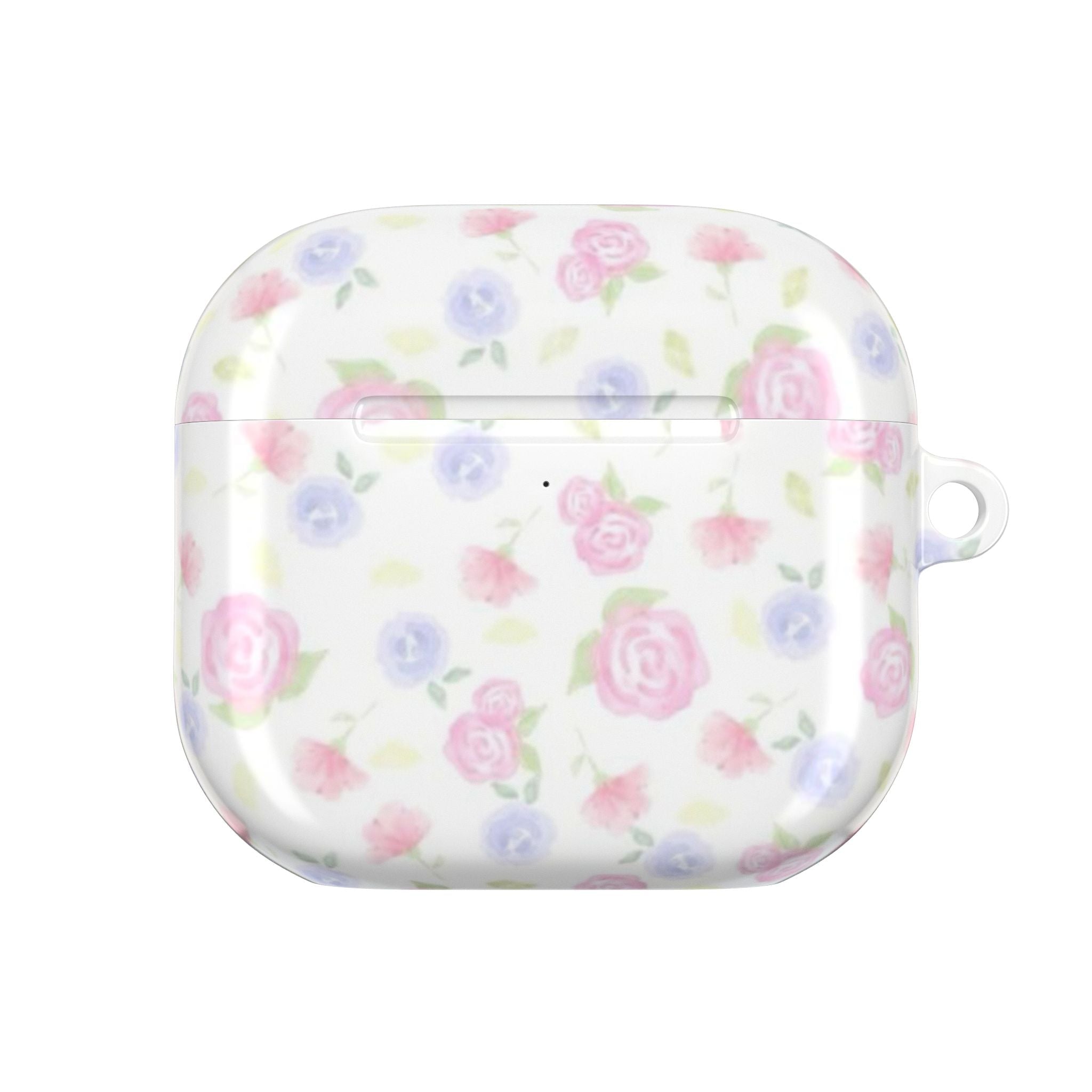 Pink floral AirPods case closed, front view with small side loop
