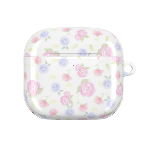 Pink floral AirPods case closed, front view with small side loop