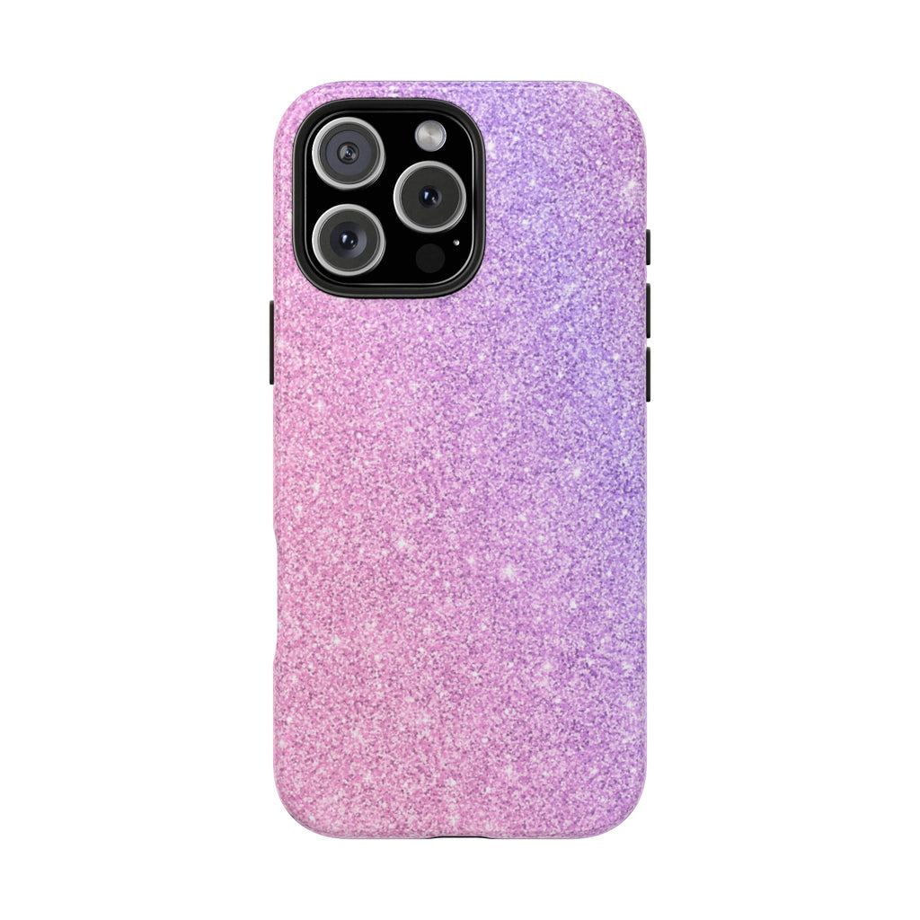 Purple and pink glitter phone case back with raised camera ring and cutouts