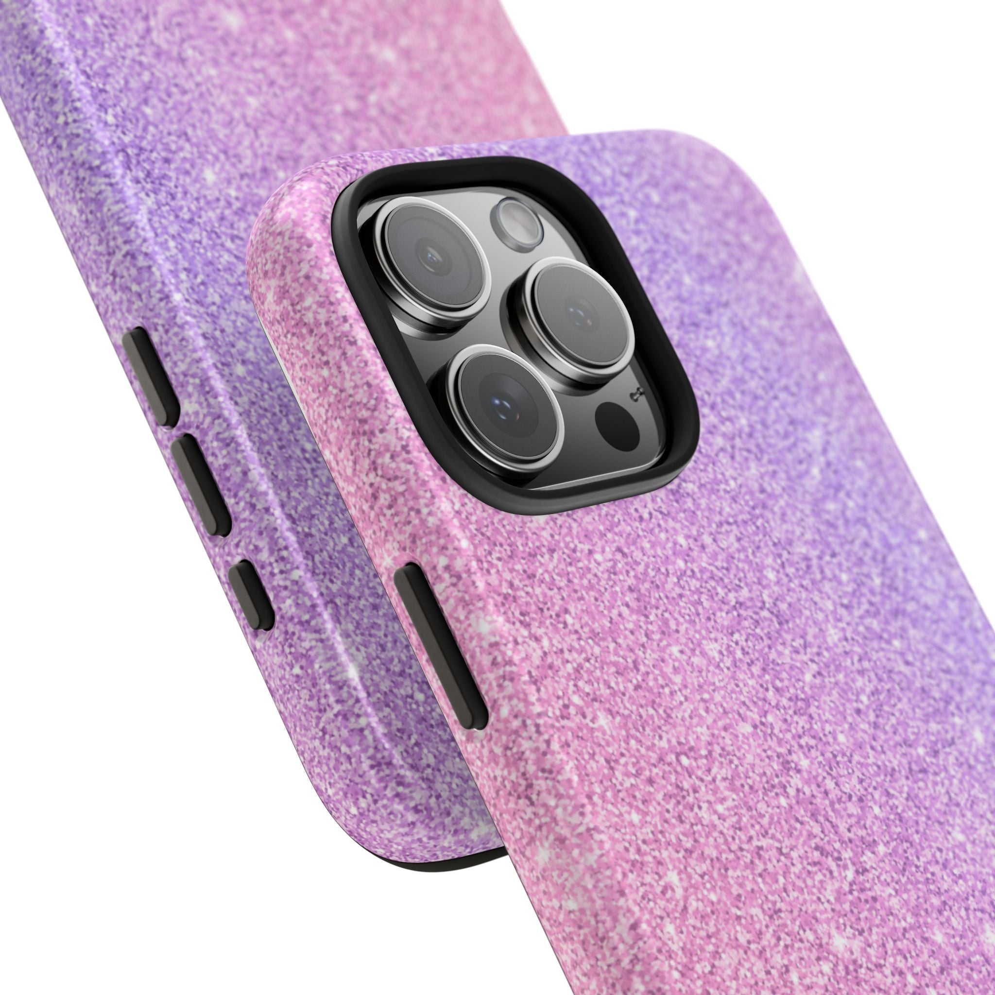Pink and purple glitter phone case showing side button cutouts and triple camera cutout