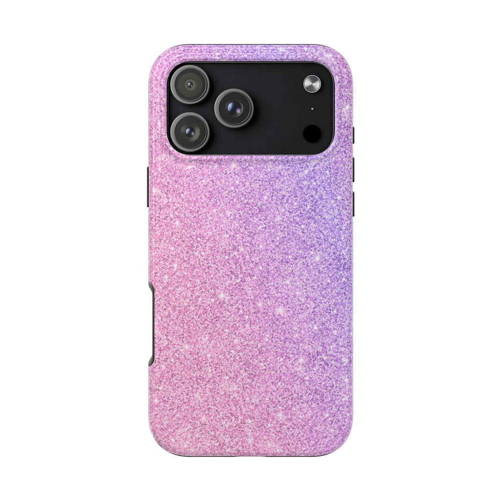 Pink galaxy sparkle phone case with purple-pink glitter back and camera cutout