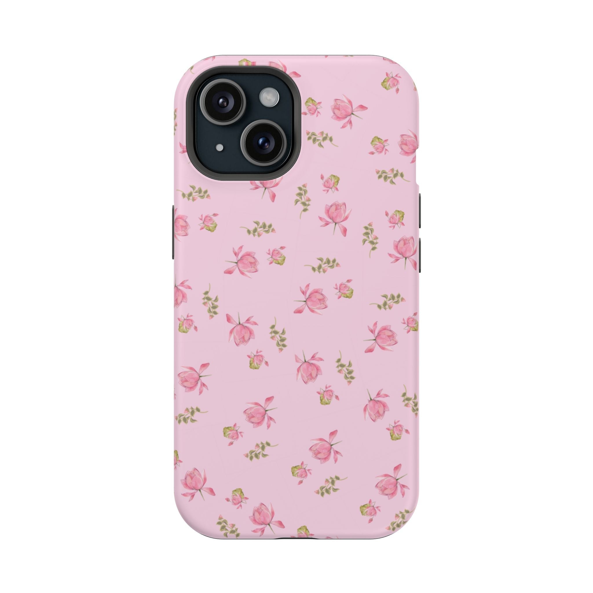 Pink ditsy floral phone case with small pink flowers and green leaf pattern