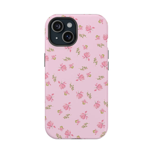 Pink ditsy floral phone case with small pink flowers and green leaf pattern