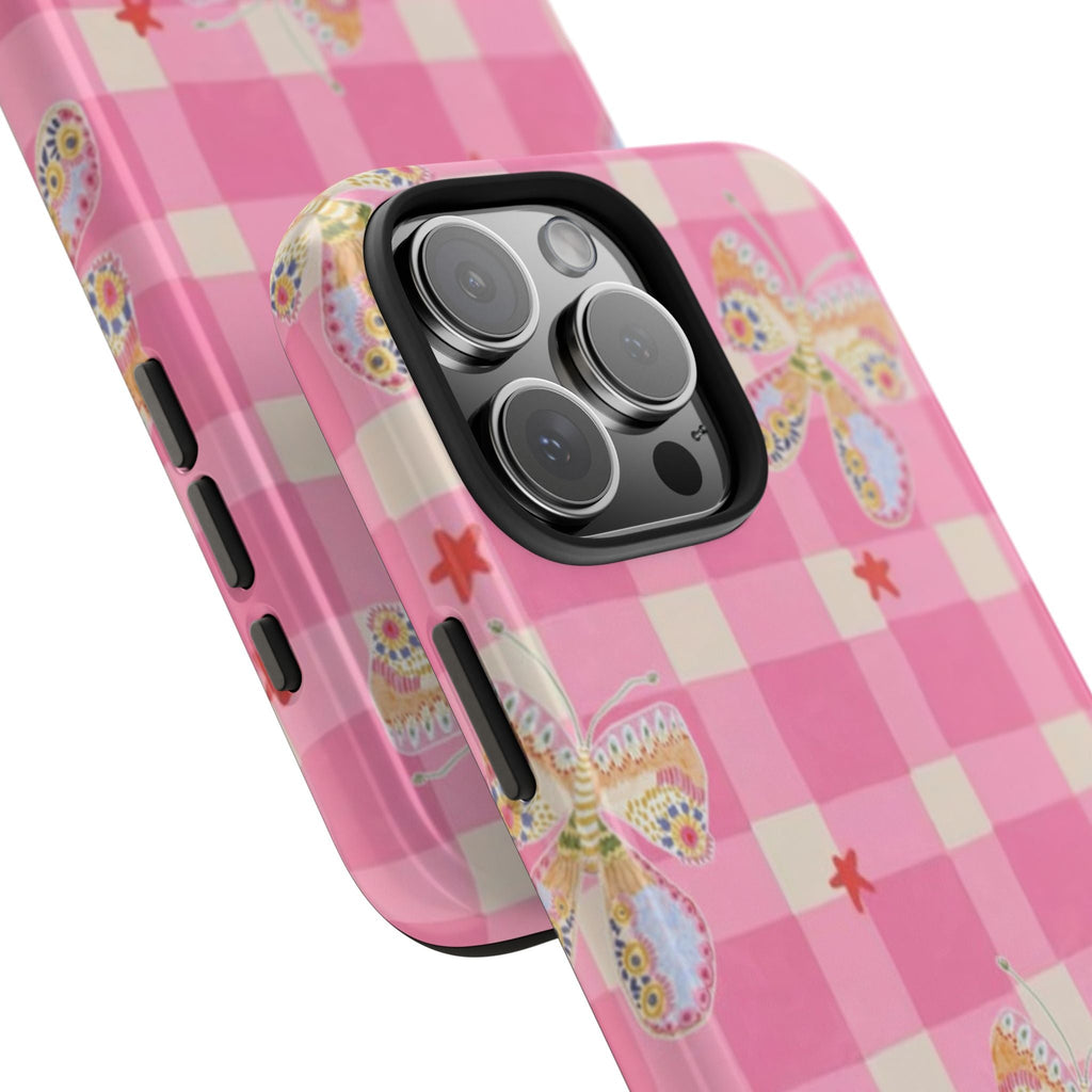 Angled pink gingham phone case with butterflies and side button cutouts