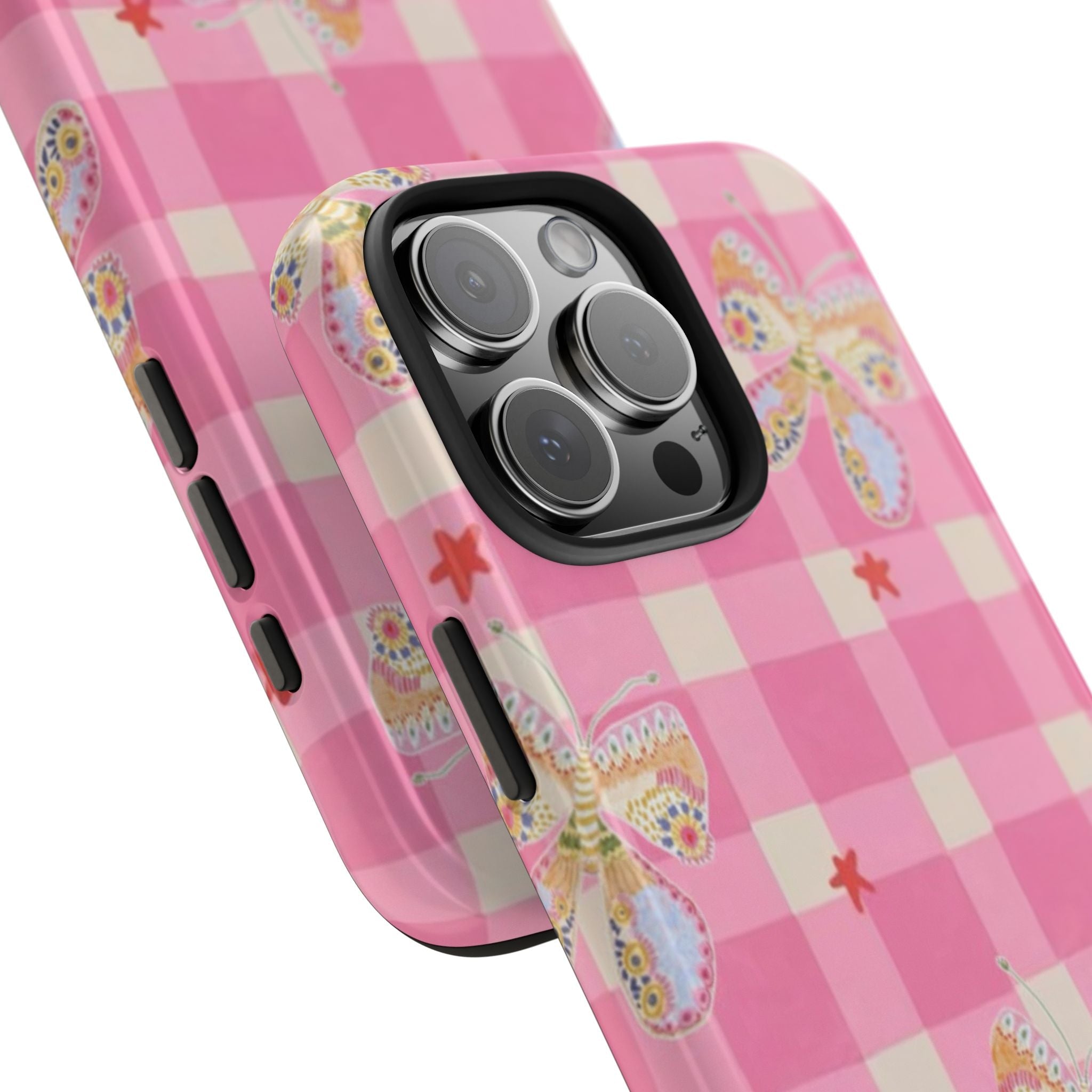 Angled pink gingham phone case with butterflies and side button cutouts