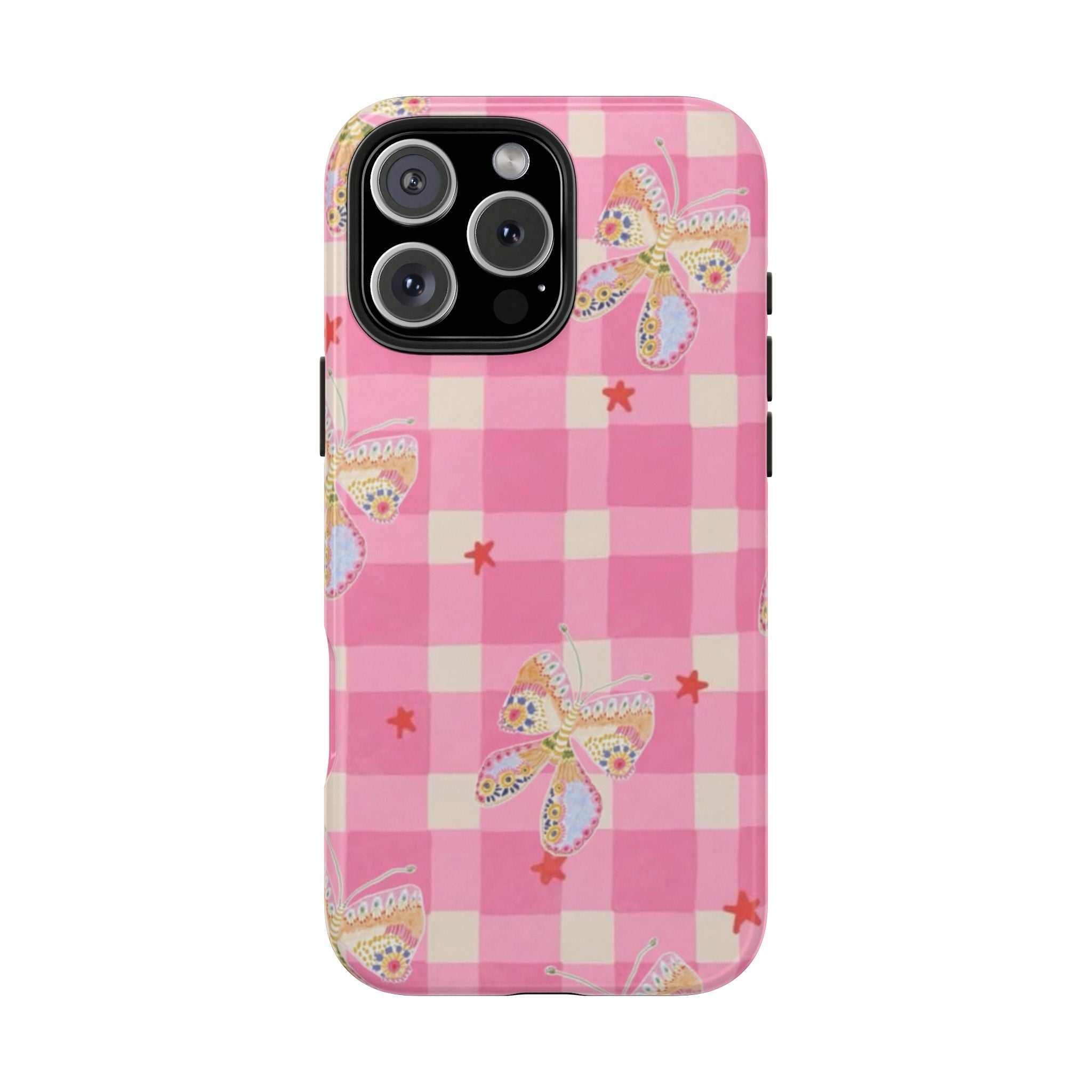 Pink gingham butterfly phone case with large camera module openings