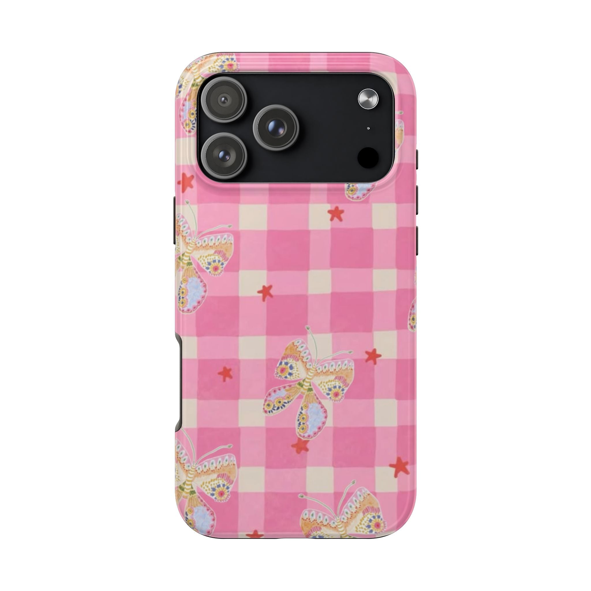 Pink gingham phone case with butterfly print, raised camera cutouts