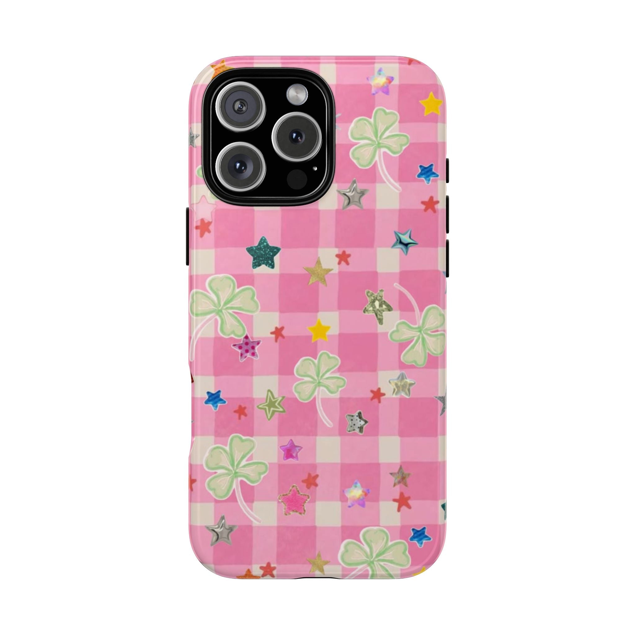 Pink gingham phone case with clovers and stars, cutouts for buttons and camera