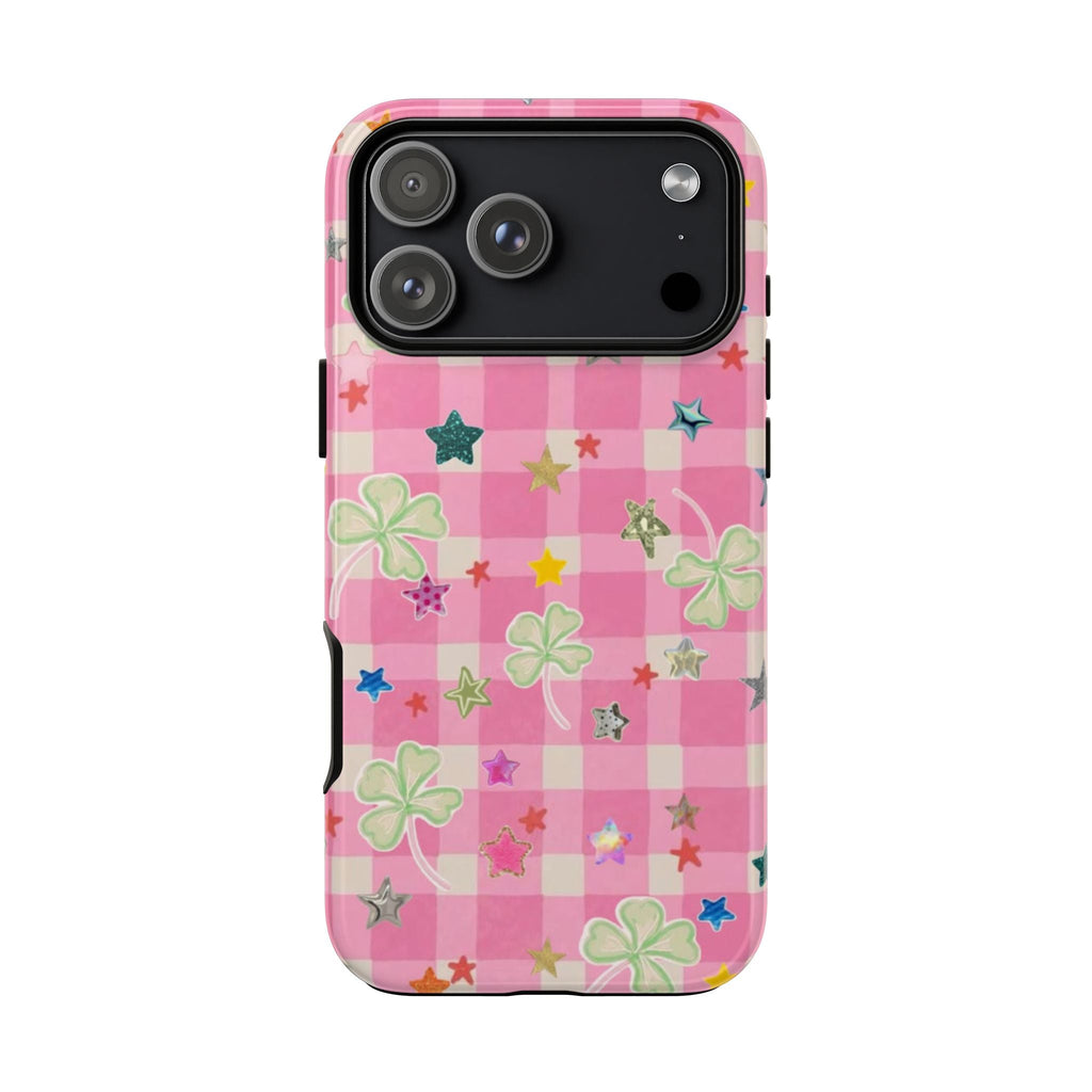 Front view pink gingham phone case with clover and star pattern, camera cutout