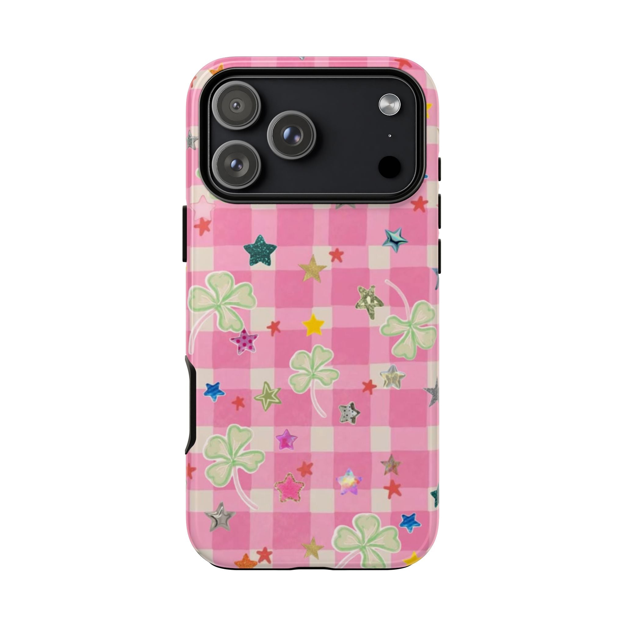 Front view pink gingham phone case with clover and star pattern, camera cutout