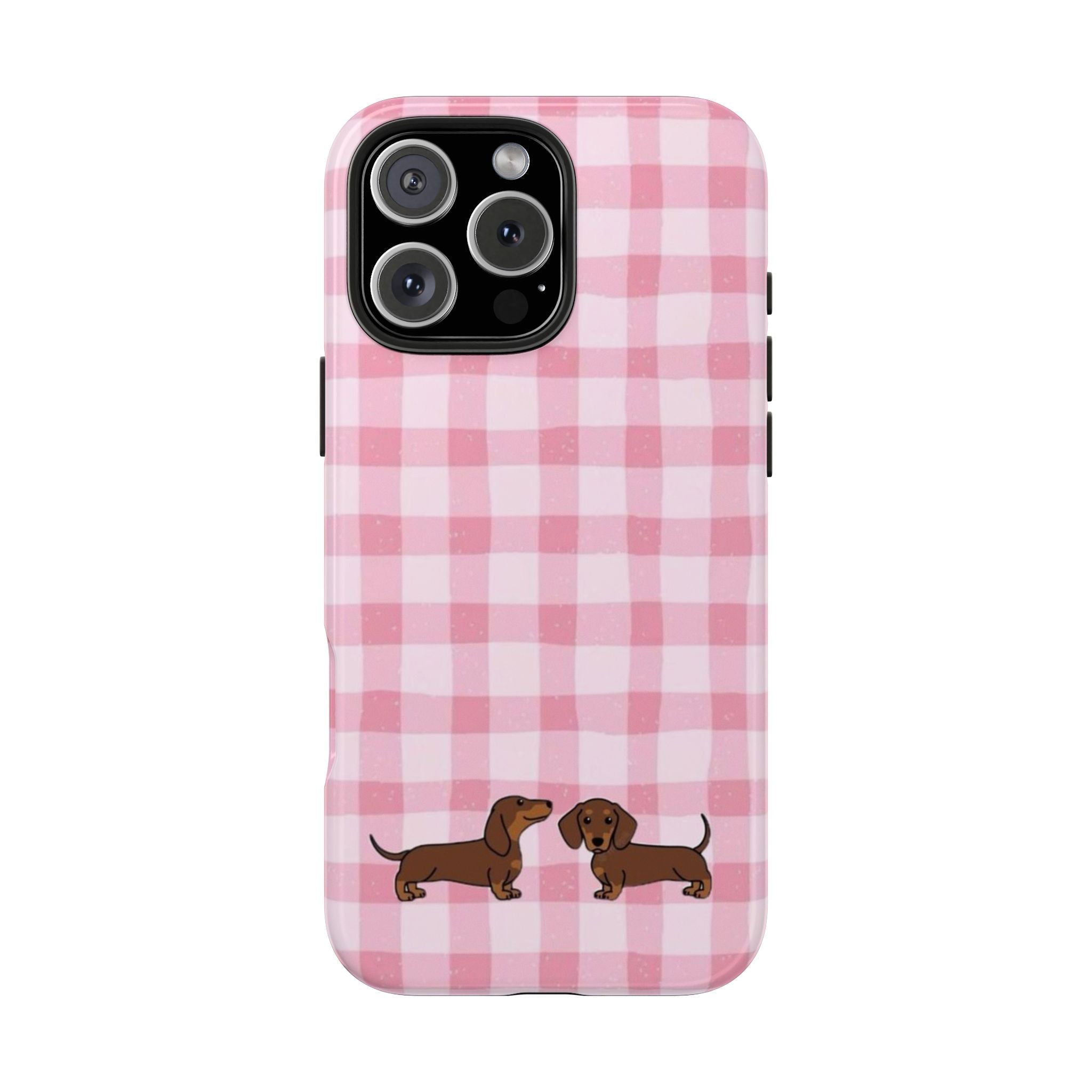 Pink gingham phone case with two dachshund puppy illustrations on the back
